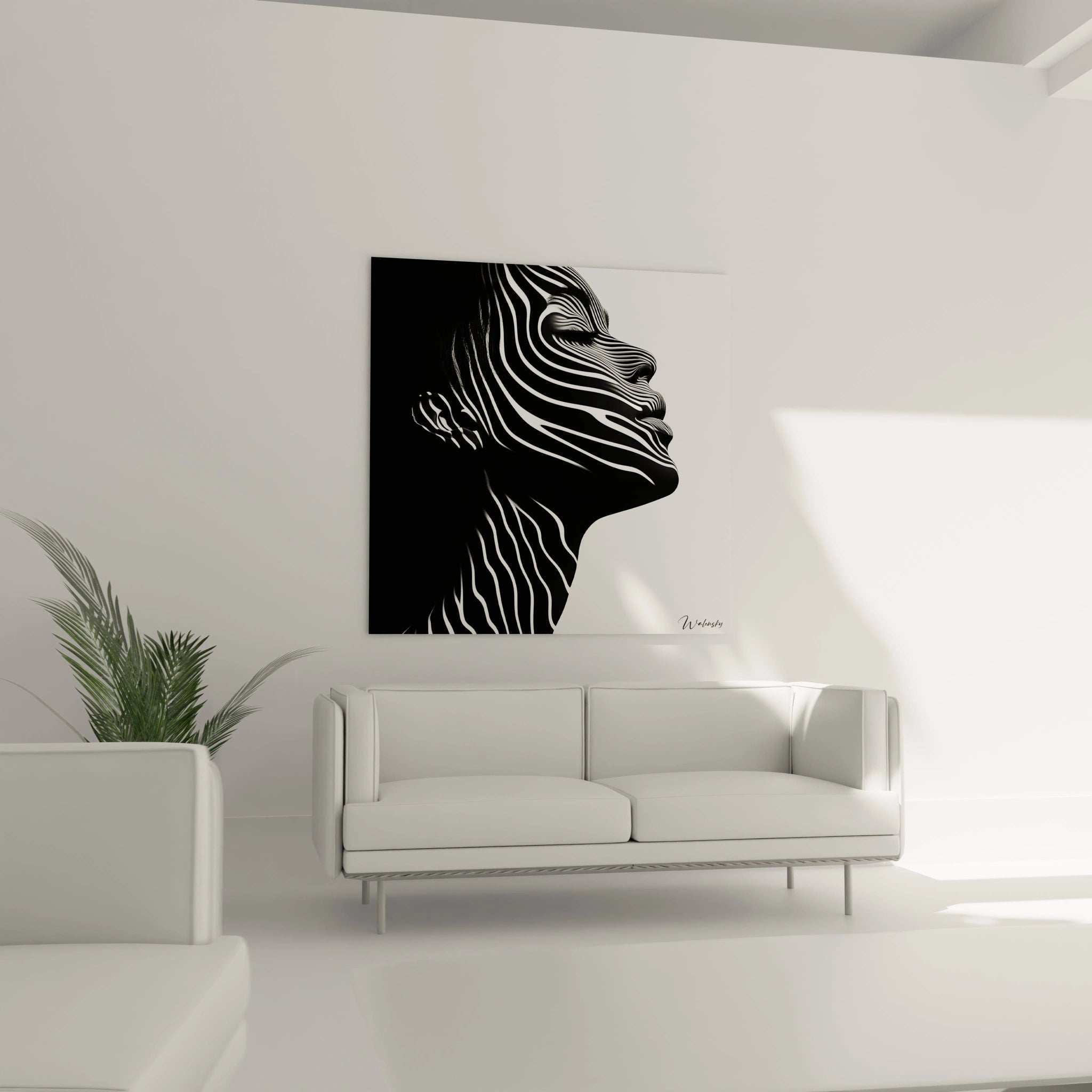 Un tableau rayures noir et blanc figurant une silhouette faciale de profil. Les lignes blanches horizontales ondulent pour suggérer les reliefs du visage, créant un effet cinétique où la forme émerge uniquement du motif géométrique avec un fort contraste.