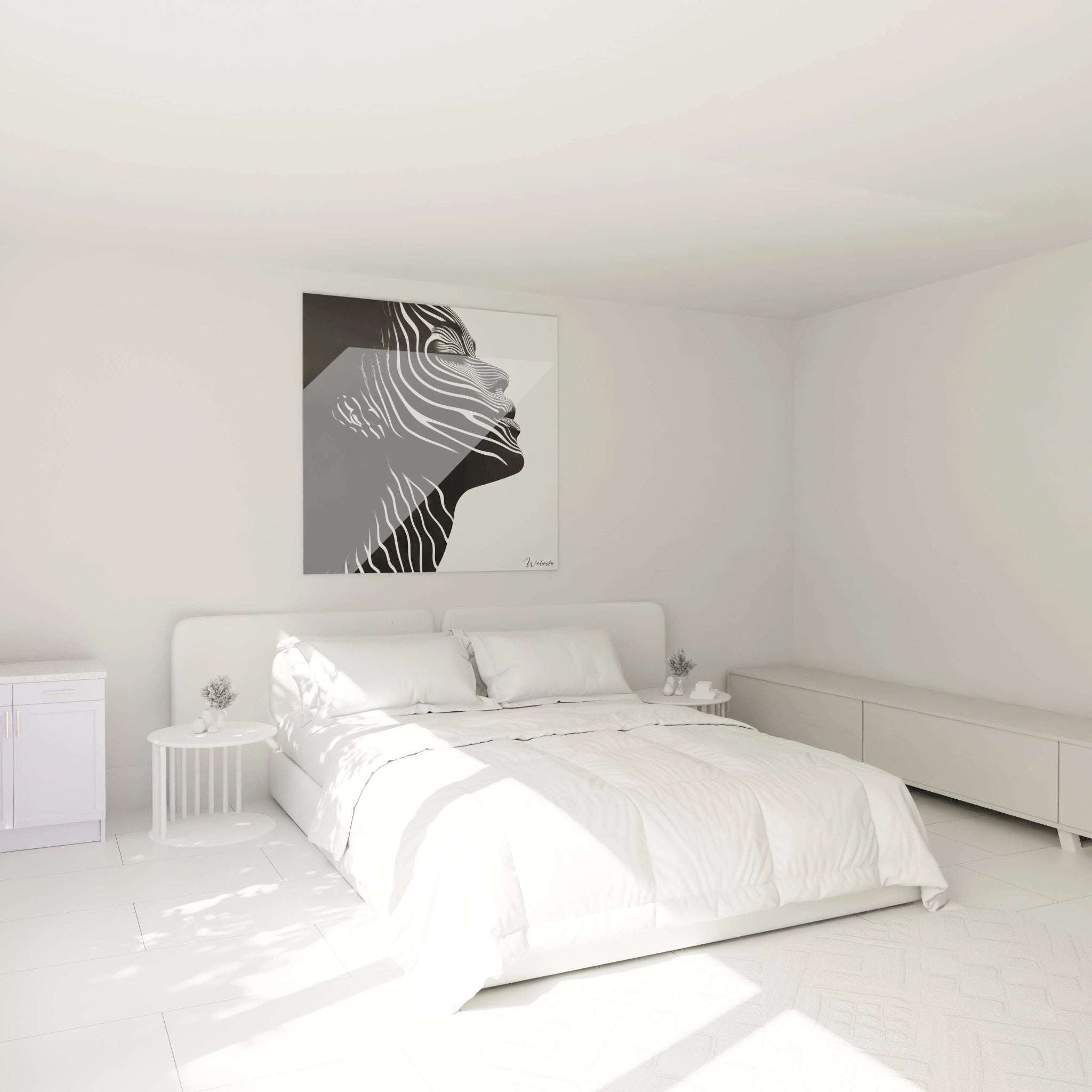 Un tableau profil rayé montrant un visage de femme sculpté par des lignes parallèles blanches sur noir. Les rayures horizontales s'incurvent pour former les contours du nez, des lèvres et du menton, créant une illusion de volume par simple déformation linéaire.