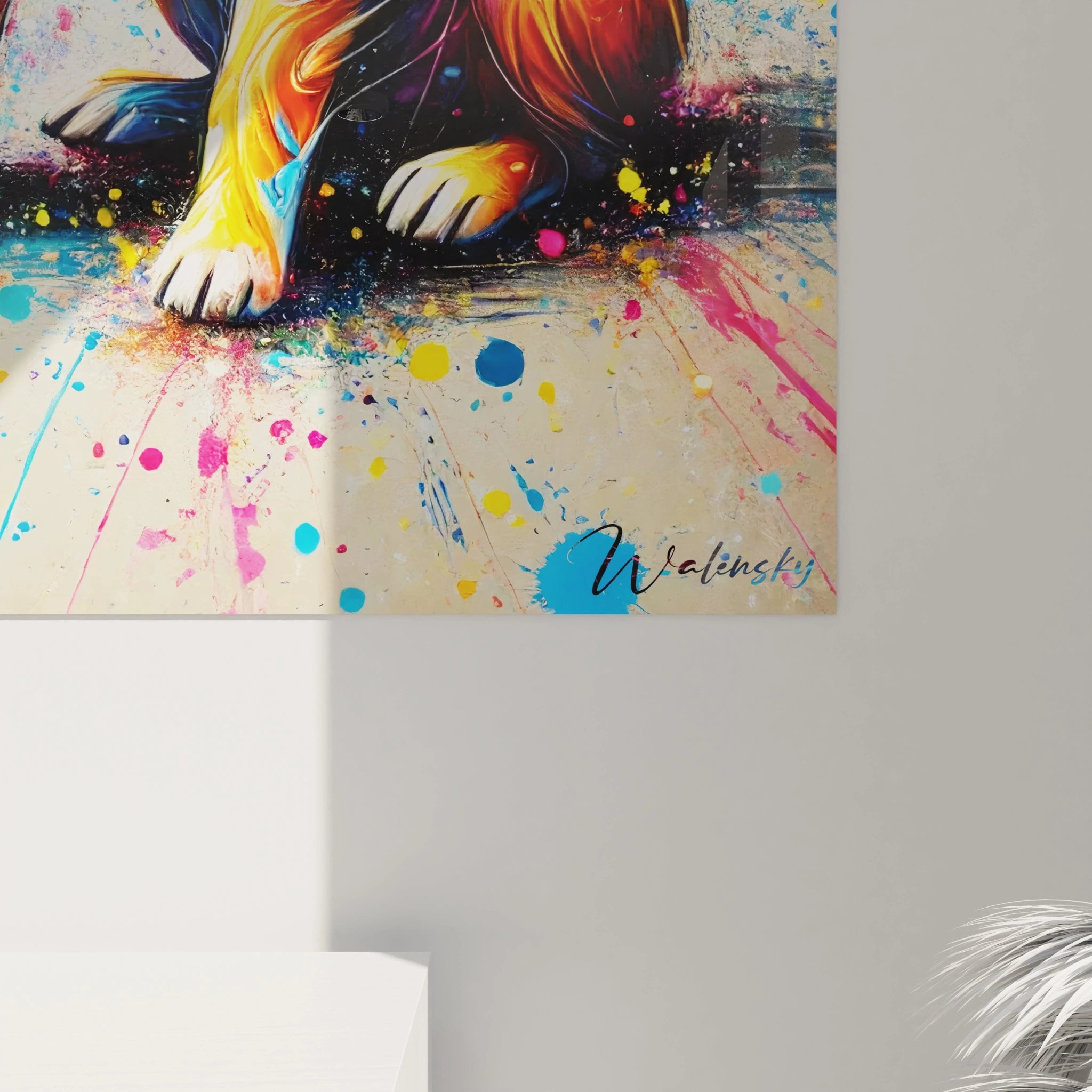 Zoom sur ce tableau chien aux éclats de bleu, jaune, rose et orange. Une explosion de couleurs et de détails qui apportent une énergie positive et un style moderne a n'importe quelle pièce.