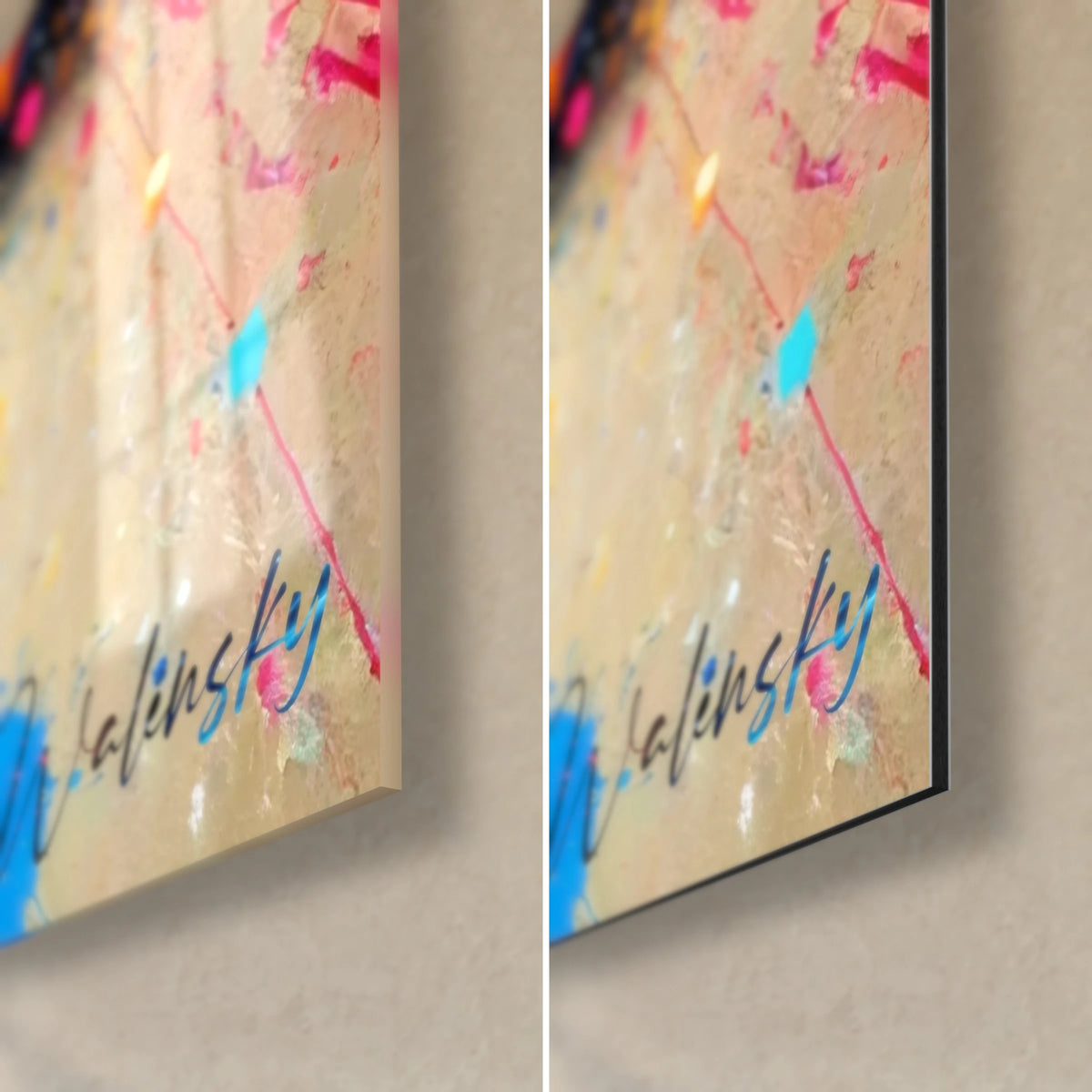 Tableau chiot multicolore, coin bas droit en verre acrylique brillant et alu Dibond mat, tranche de 3 mm, signature bleue