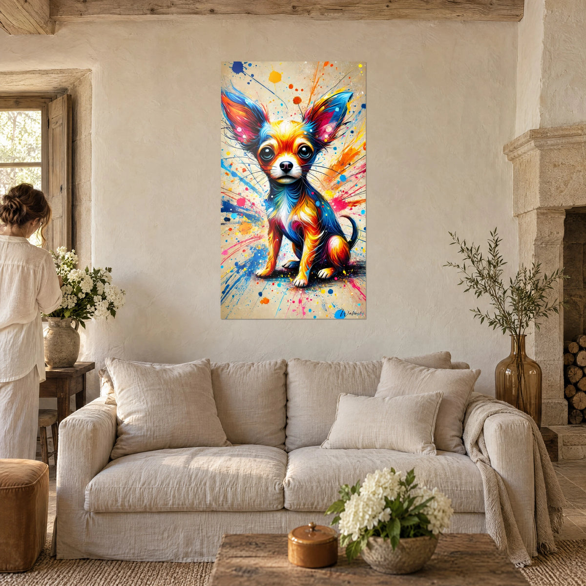 Tableau chihuahua aux grandes oreilles bleu et rose, éclaboussures jaunes et orange, au-dessus d'un canapé dans un salon lumineux