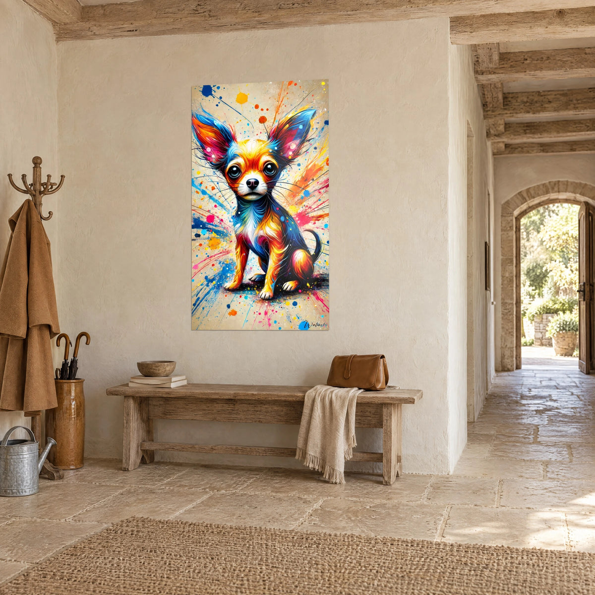 Tableau petit chien assis aux yeux noirs brillants, pelage doré et bleu, jets de peinture rose, dans une maison de pierre
