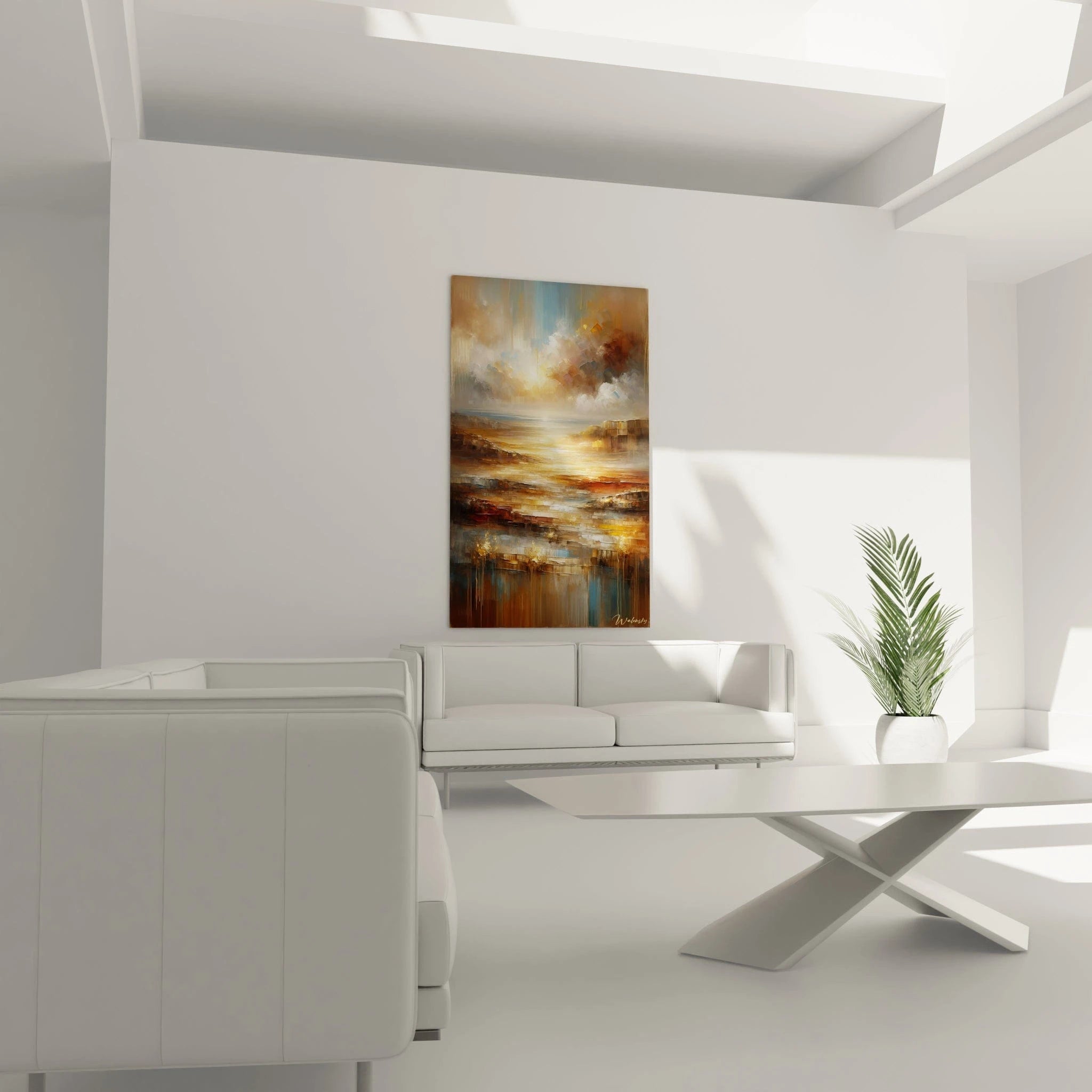 Tableau abstrait montrant une vue côtière simplifiée avec ciel dramatique. Spectre chromatique de brun sépia, or, blanc crémeux et bleu-gris. Effet visuel de profondeur obtenu par contrastes lumineux et application généreuse de peinture. Structure en trois zones distinctes : ciel nuageux, étendue d'eau réfléchissante et terres rocheuses avec jeux de matière.