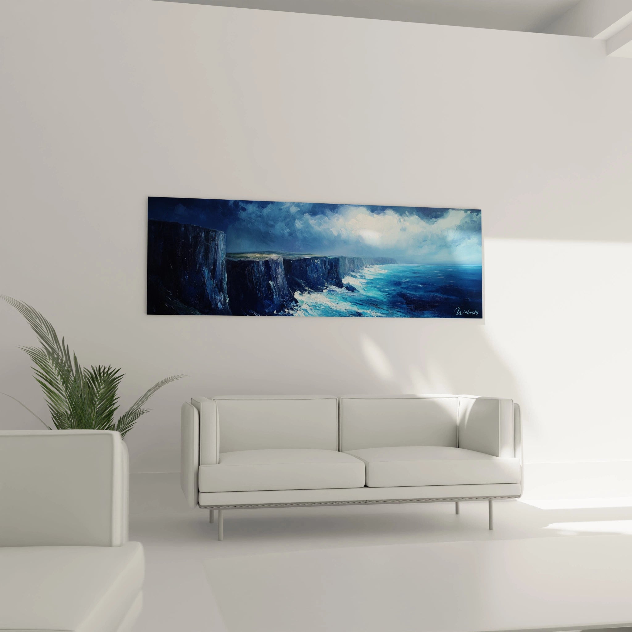 Un tableau mer capturant la rencontre entre d'imposantes falaises sombres et un océan tumultueux aux teintes bleu turquoise. Les textures épaisses suggèrent la rugosité de la pierre et le mouvement perpétuel des vagues, tandis que la percée lumineuse dans le ciel orageux ajoute une dimension mystique à la composition.