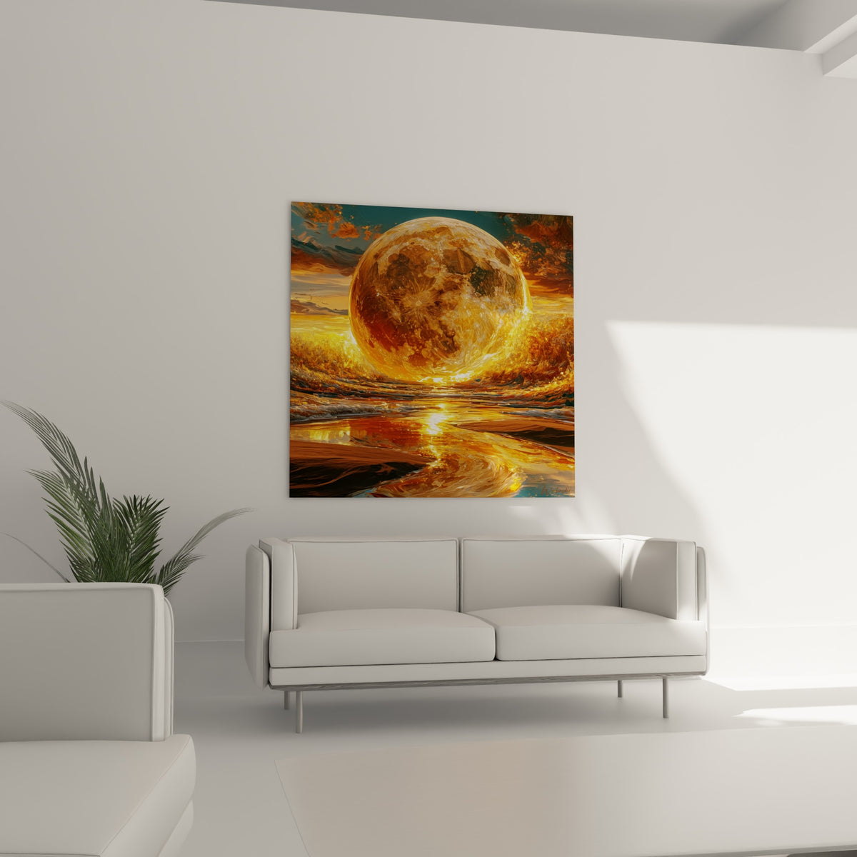Sphère lunaire ambrée et cuivrée entourée de vagues fauves, au-dessus d'un canapé dans un salon lumineux
