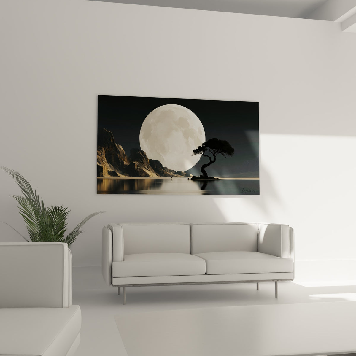 Astre lunaire blanc et montagnes dorées en arrière-plan, tableau au-dessus d'un canapé dans un salon lumineux