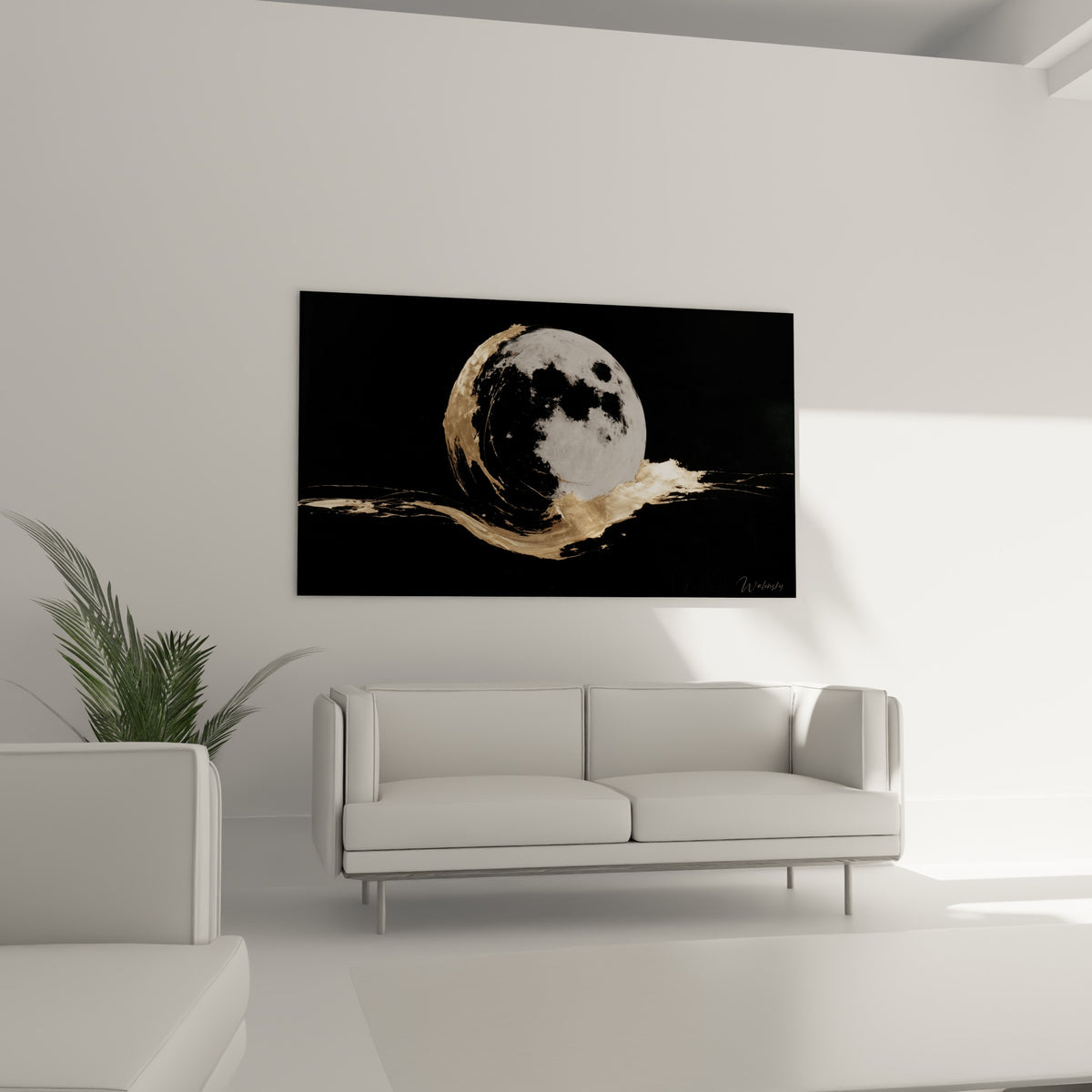 Astre lunaire gris et blanc traversé d'une traînée dorée fluide, au-dessus d'un canapé dans un salon lumineux