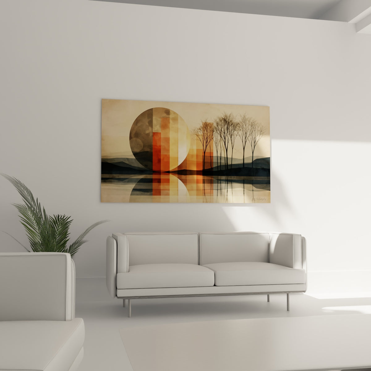 Bandes terracotta et sable traversant une lune abstraite, disposées au-dessus d'un canapé dans un salon lumineux