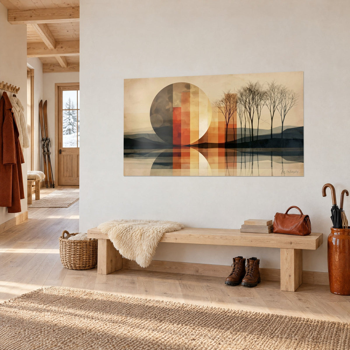 Tableau astre rond beige strié de bandes orange verticales, silhouettes d'arbres nus et reflet, au-dessus d'un banc en bois d'entrée