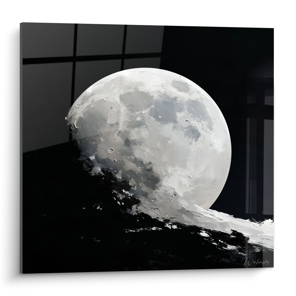 Pleine lune blanche et grise aux cratères texturés, sur fond noir profond peint à l'huile