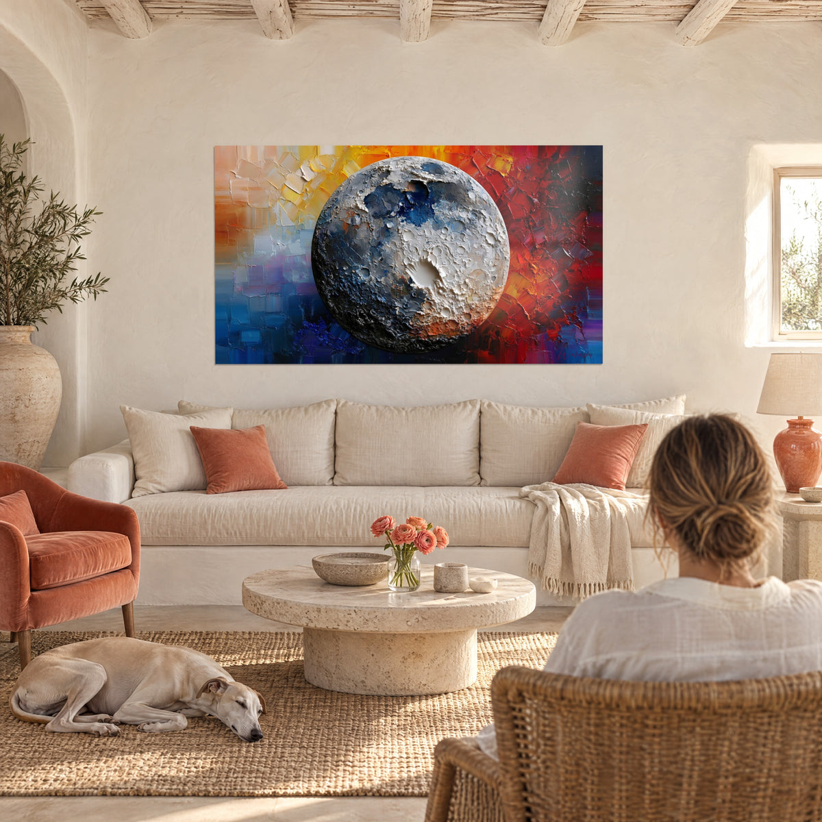Astre lunaire craquelé aux tons gris et dorés accroché au-dessus d'un lit dans une chambre claire