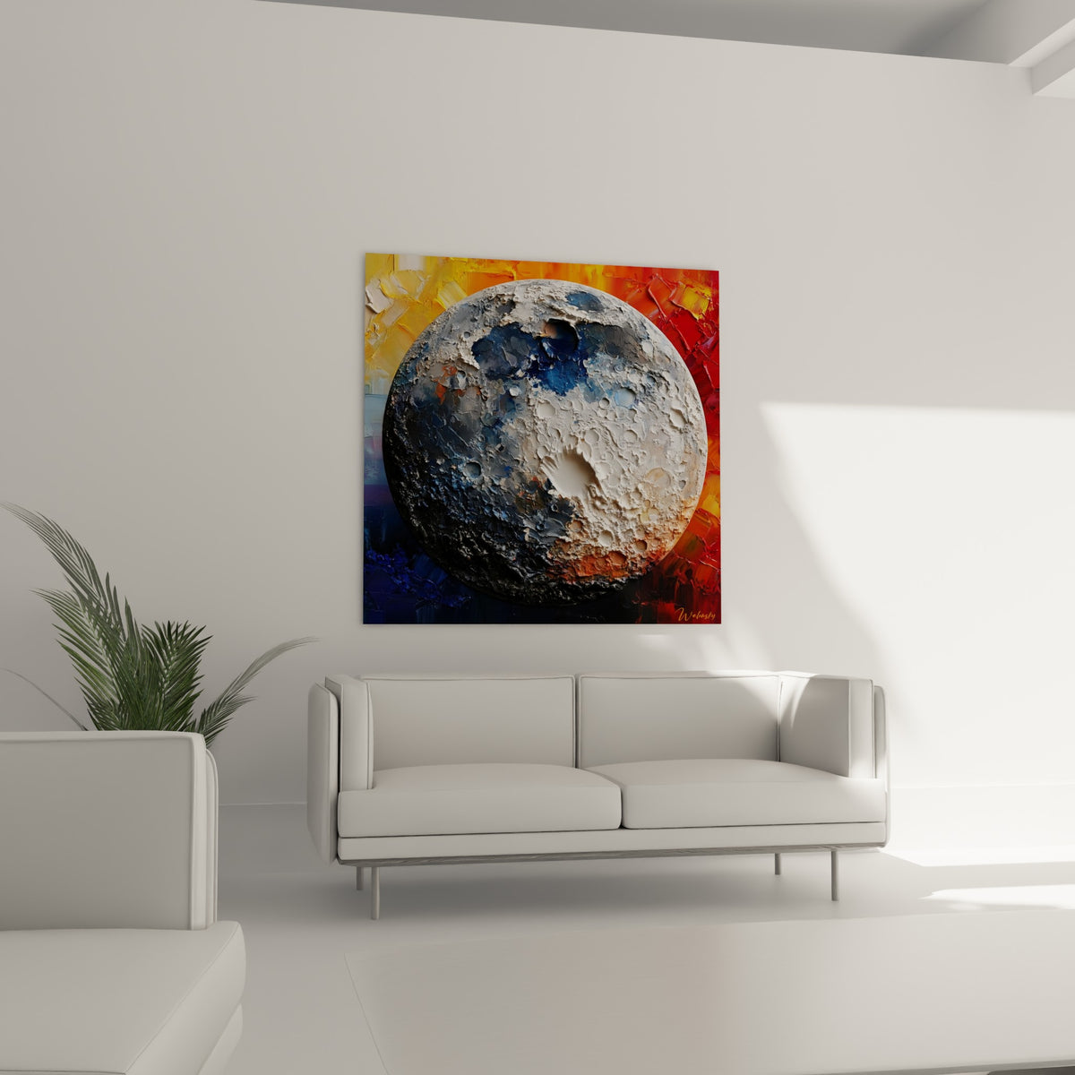 Cratères lunaires gris et bleu marine sur fond rouge terracotta, au-dessus d'un canapé dans un salon lumineux