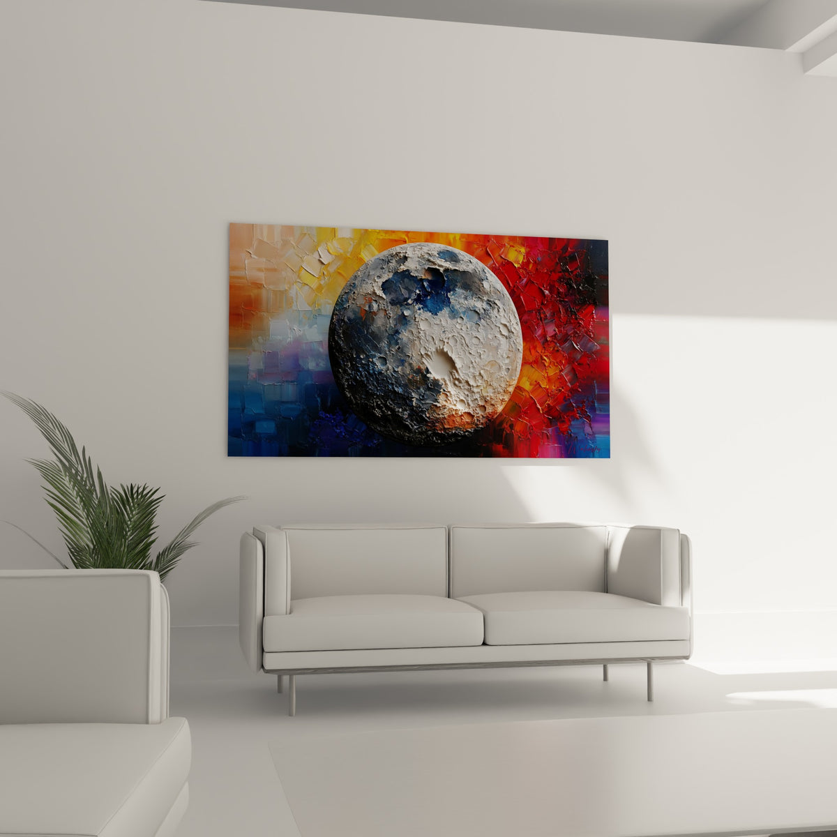 Cratères blancs et bleu marine de la Lune surplombant un canapé dans un salon lumineux