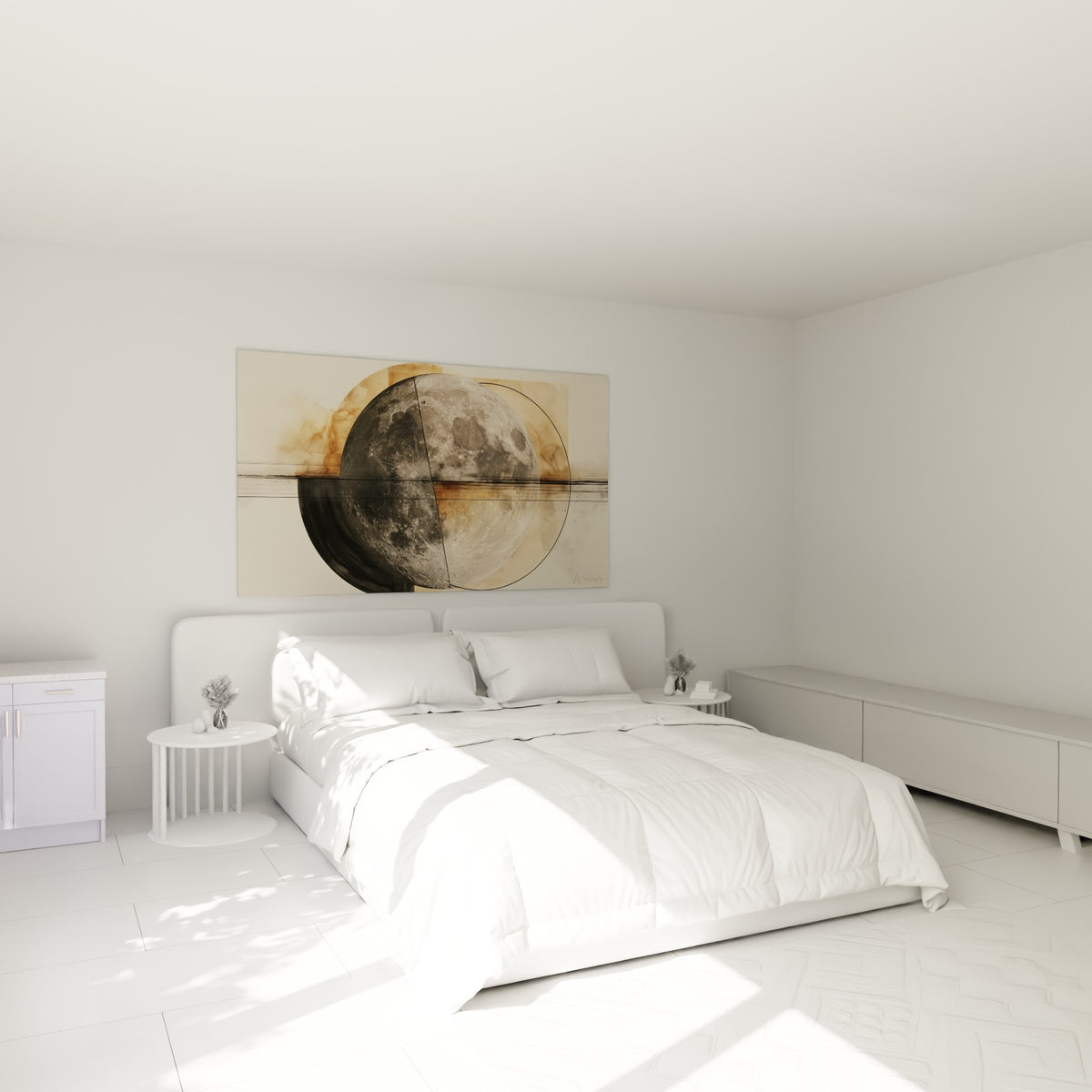 Astre lunaire anthracite et beige, texture cratérée, au-dessus d'un lit dans une chambre claire