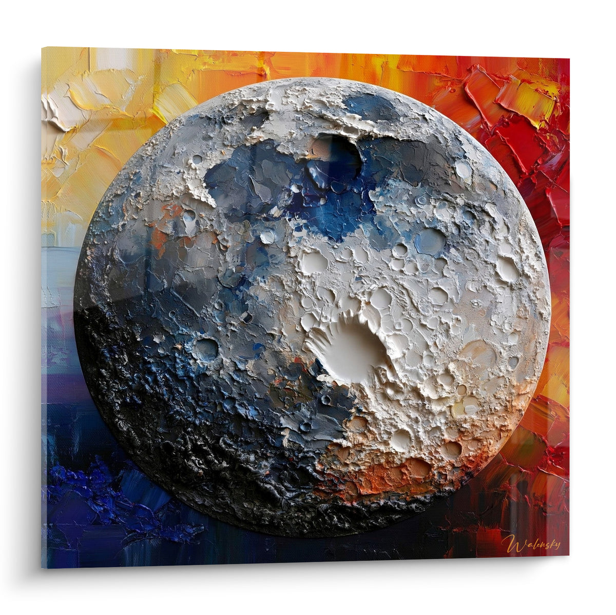 Lune grise aux cratères sculptés se détachant sur un fond rouge et doré flamboyant