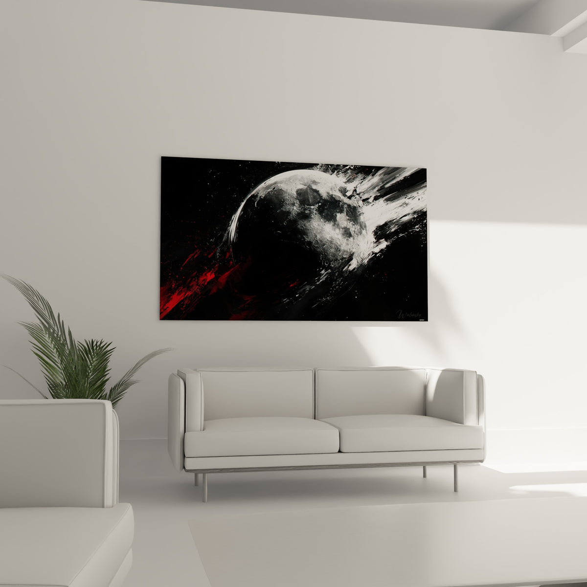 Sphère lunaire blanche et grise traversée de rouge intense, au-dessus d'un canapé dans un salon lumineux