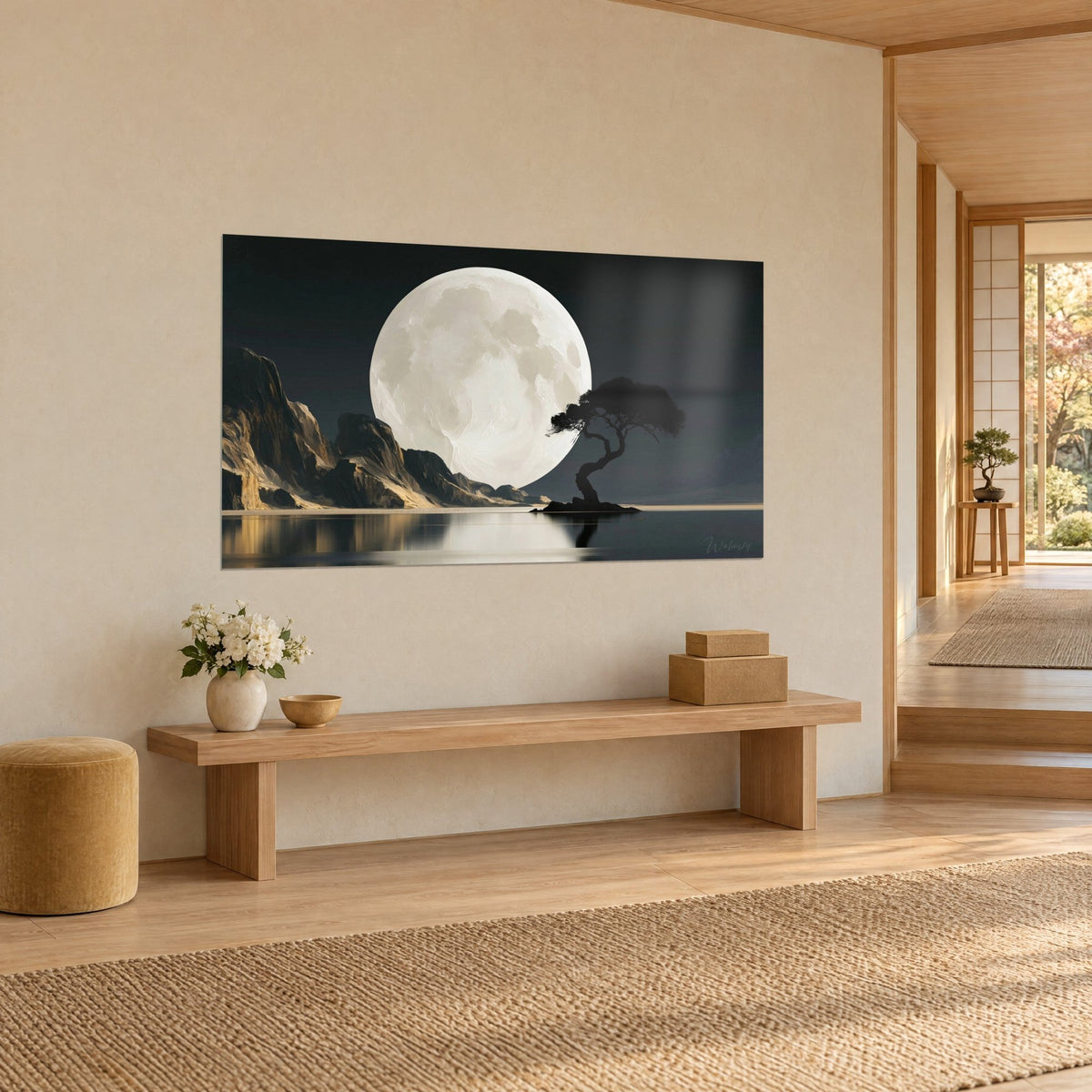 Wall art of a pearly celestial body with textured brushstrokes, dark pine on its islet, golden reflections on the water, hung in a Japandi hallway