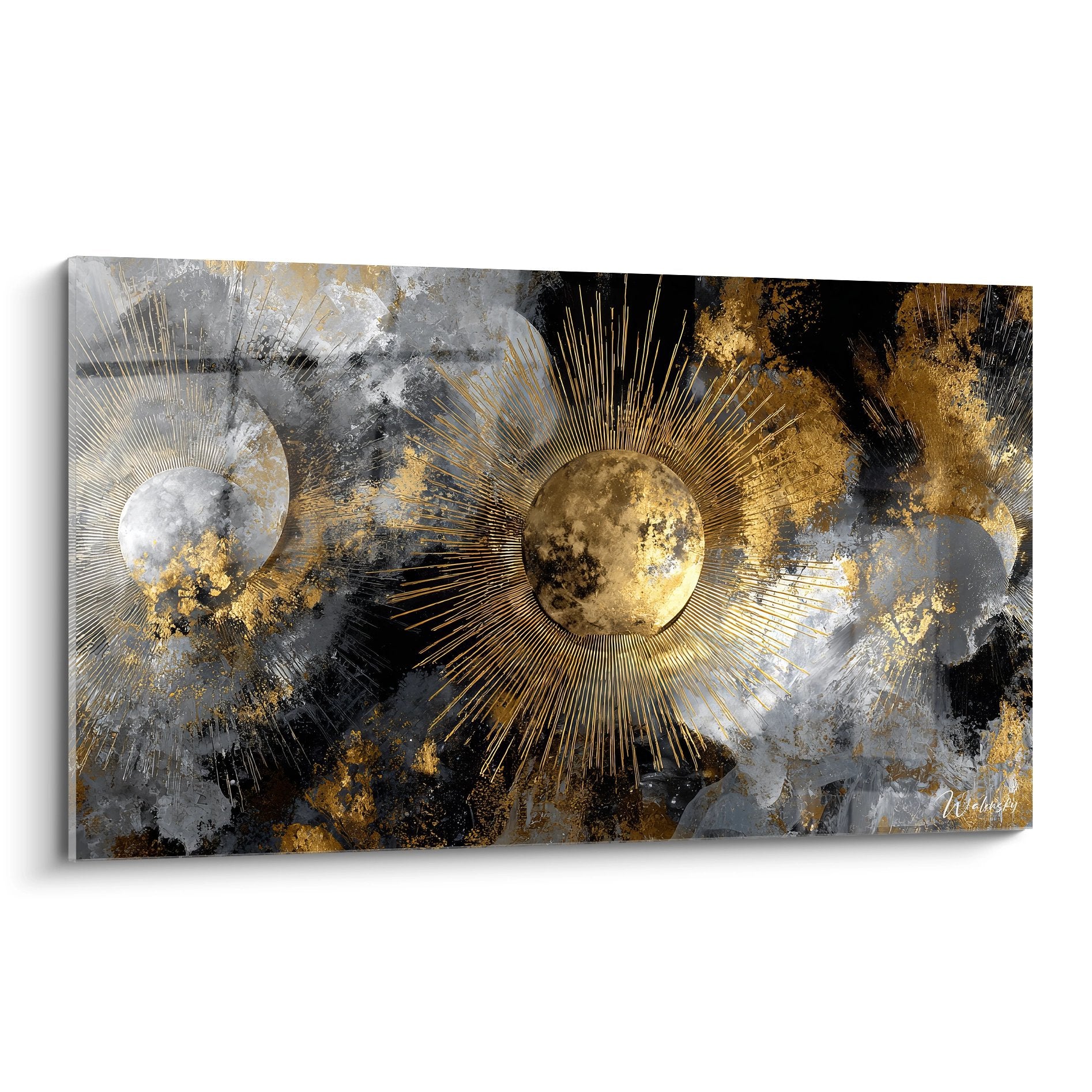Tableau mural lune dorée abstraite moderne avec rayons dorés sur fond nuageux gris et noir