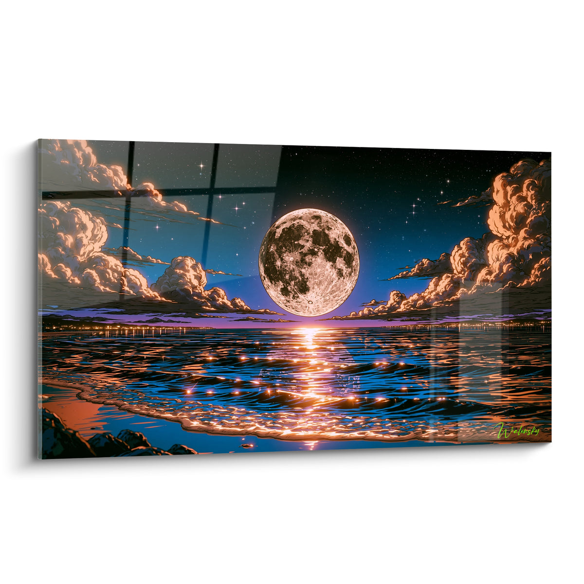 Pleine lune dorée aux cratères détaillés surplombant une mer bleu nuit scintillante d'orange