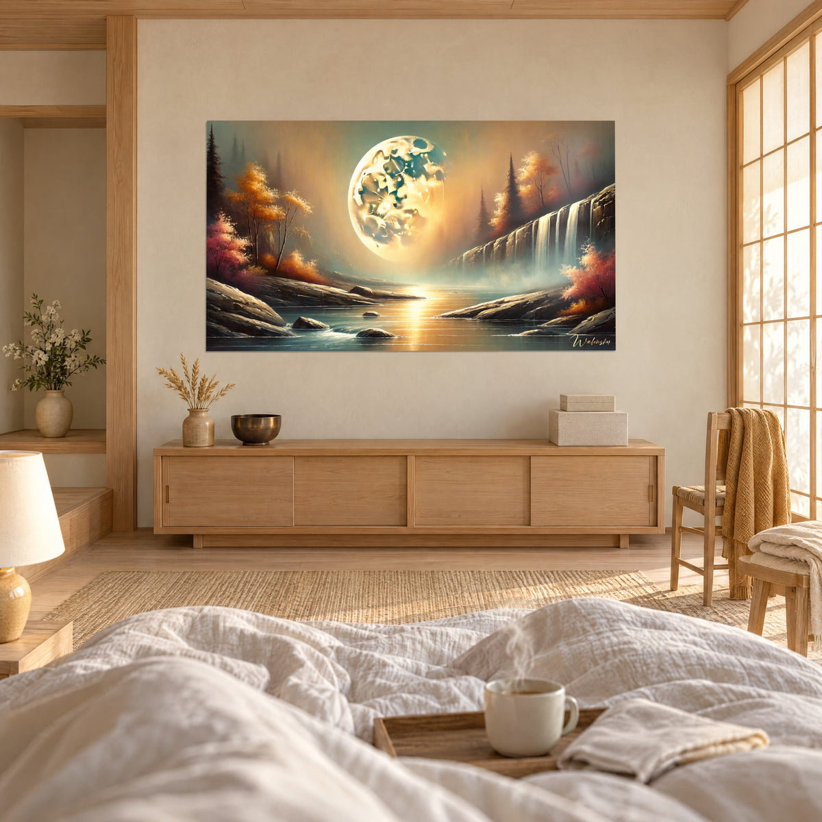 Schilderij Volle maan in ivoor en blauwgroen boven een waterval, oranje en roze bladeren, boven een bed in een lichte slaapkamer