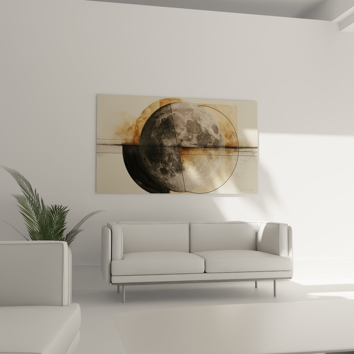 Disque lunaire gris et ocre, lignes géométriques précises, au-dessus d'un canapé dans un salon lumineux