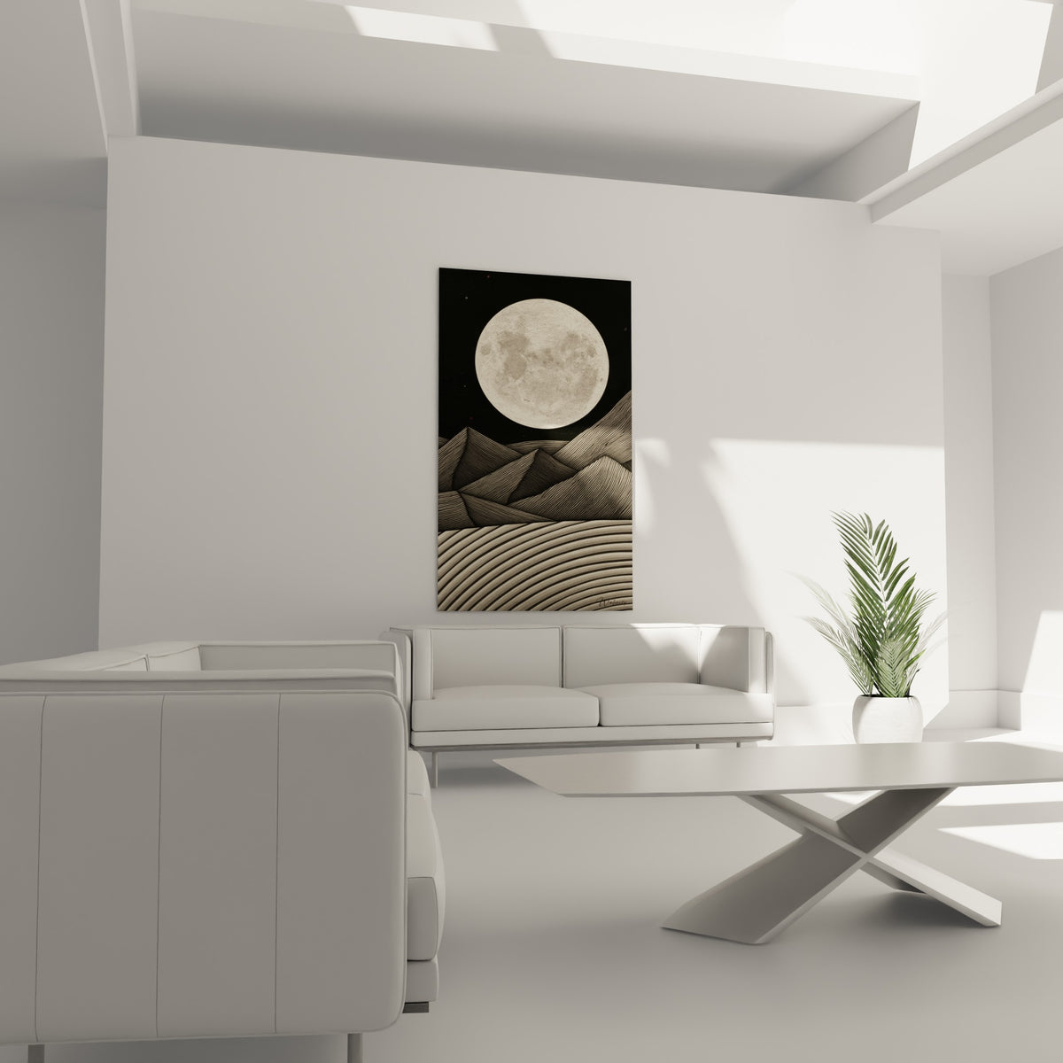 Massif anthracite strié sous une lune ivoire au-dessus d'un canapé dans un salon lumineux