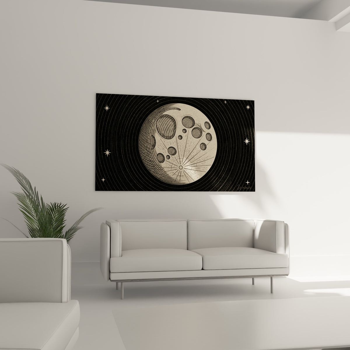 Disque lunaire texturé ivoire et noir étoilé au-dessus d'un canapé dans un salon lumineux