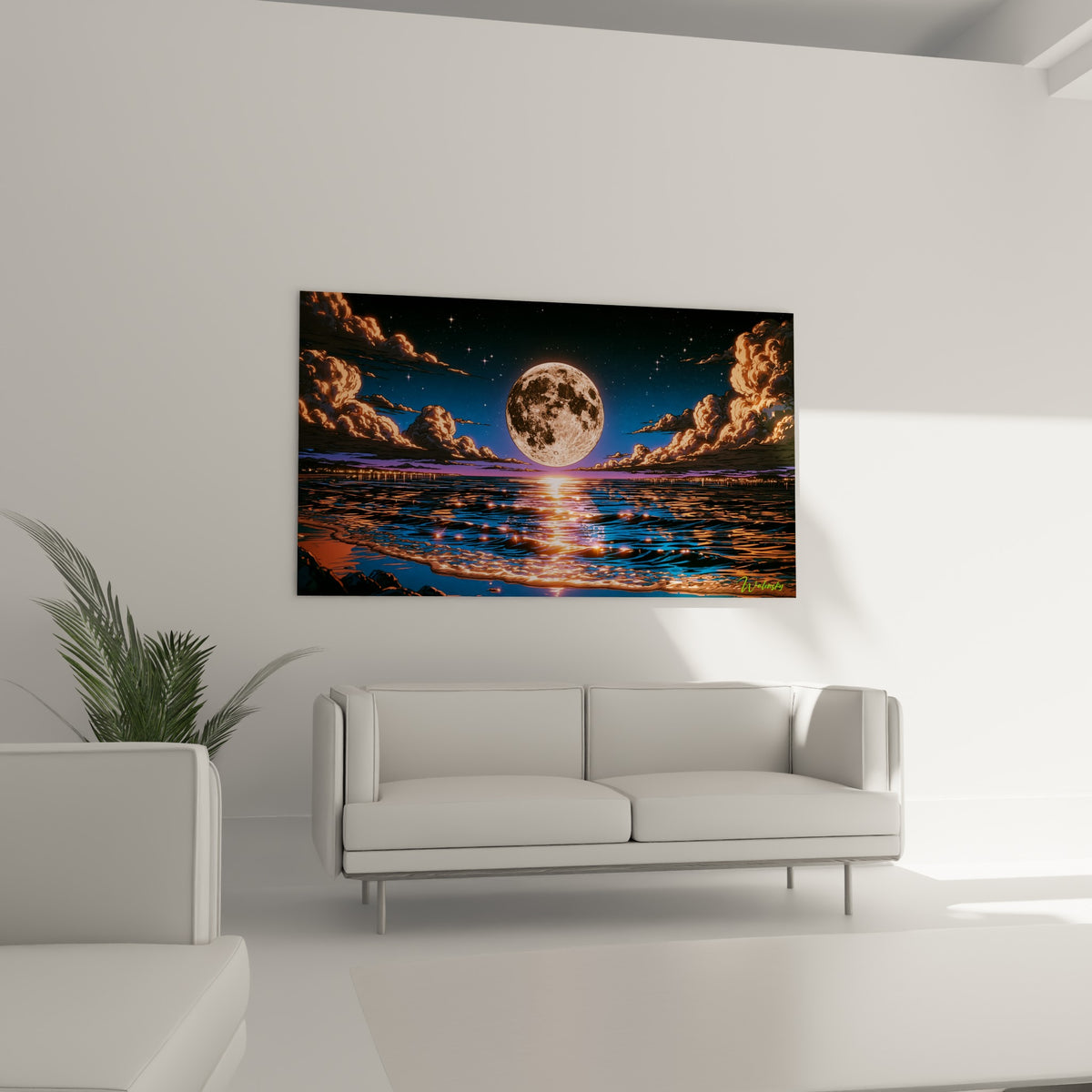 Lune blanche et grise illuminant un horizon violacé, au-dessus d'un canapé dans un salon lumineux