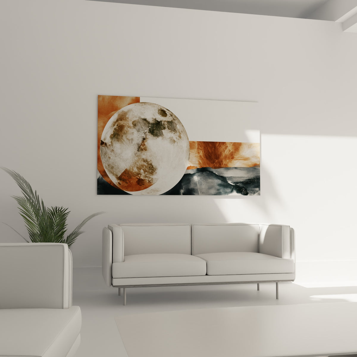 Sphère lunaire grise et ocre au-dessus d'un canapé dans un salon lumineux et épuré
