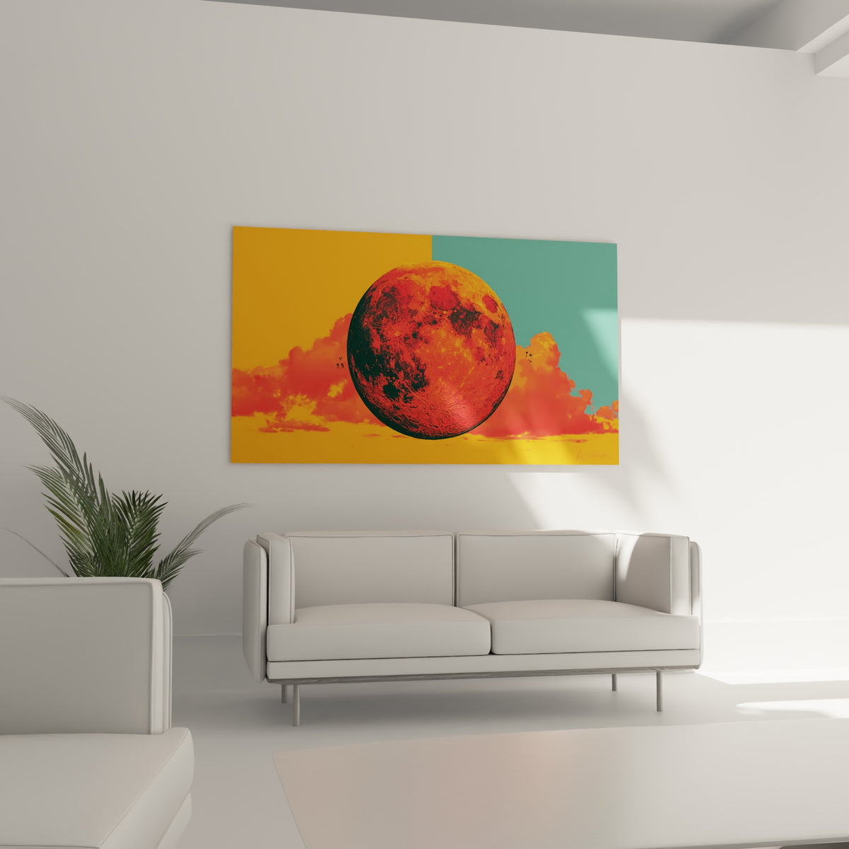 Éclipse orange et rouge aux nuages stylisés, tableau lune au-dessus d'un canapé dans un salon lumineux