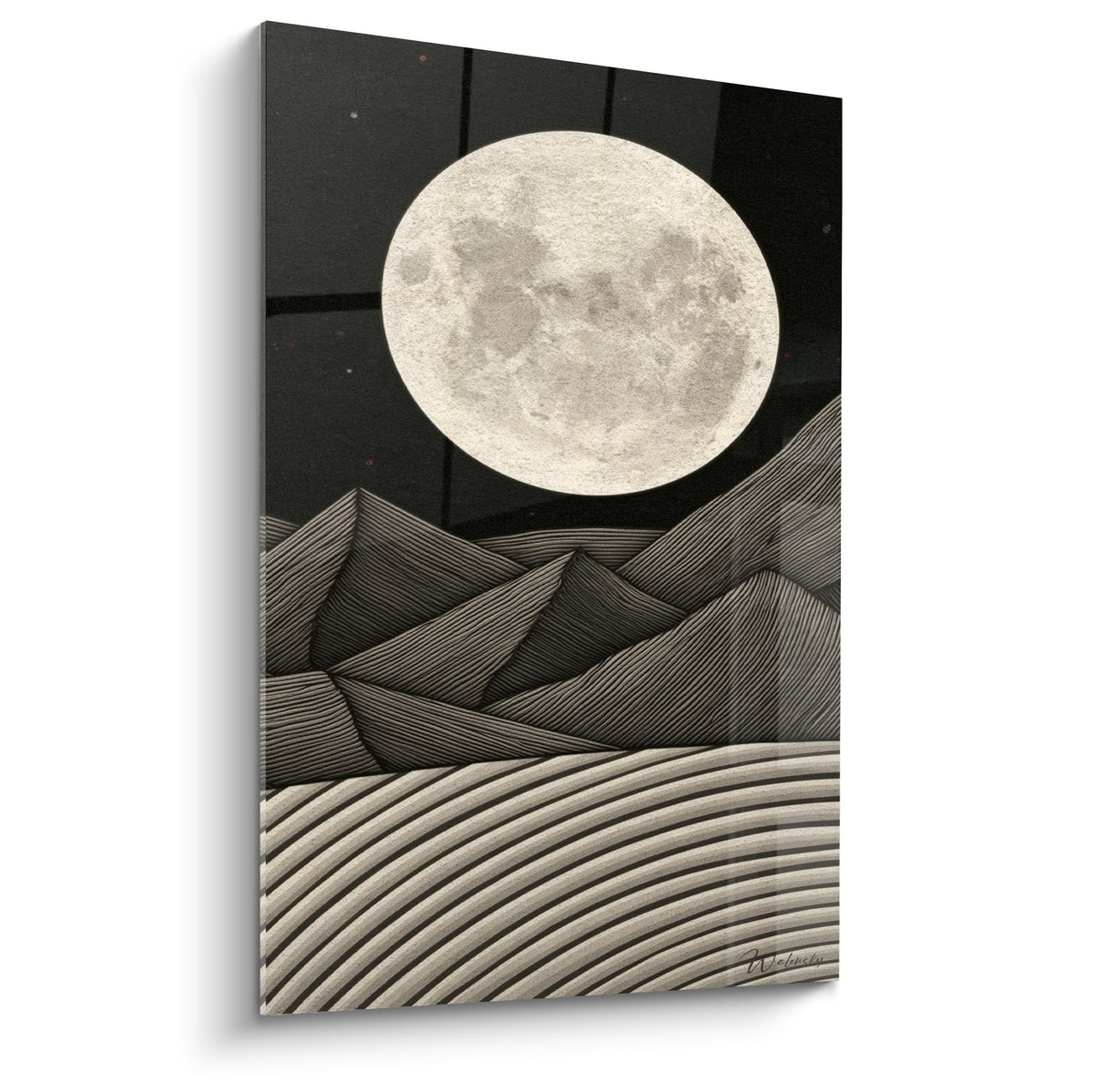 Pleine lune ivoire flottant sur des montagnes anthracite gravées de lignes fines