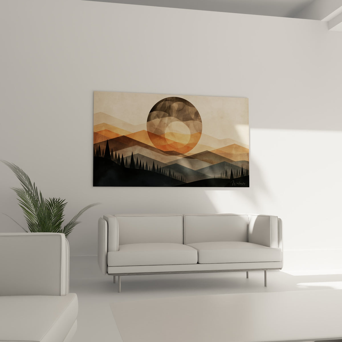 Disque sombre entouré de reliefs terracotta et anthracite, disposé au-dessus d'un canapé dans un salon lumineux