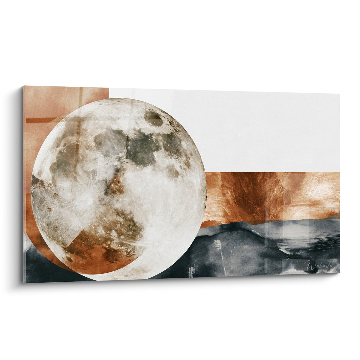 Pleine lune beige et grise aux reliefs marqués sur fond terracotta et anthracite en aplats