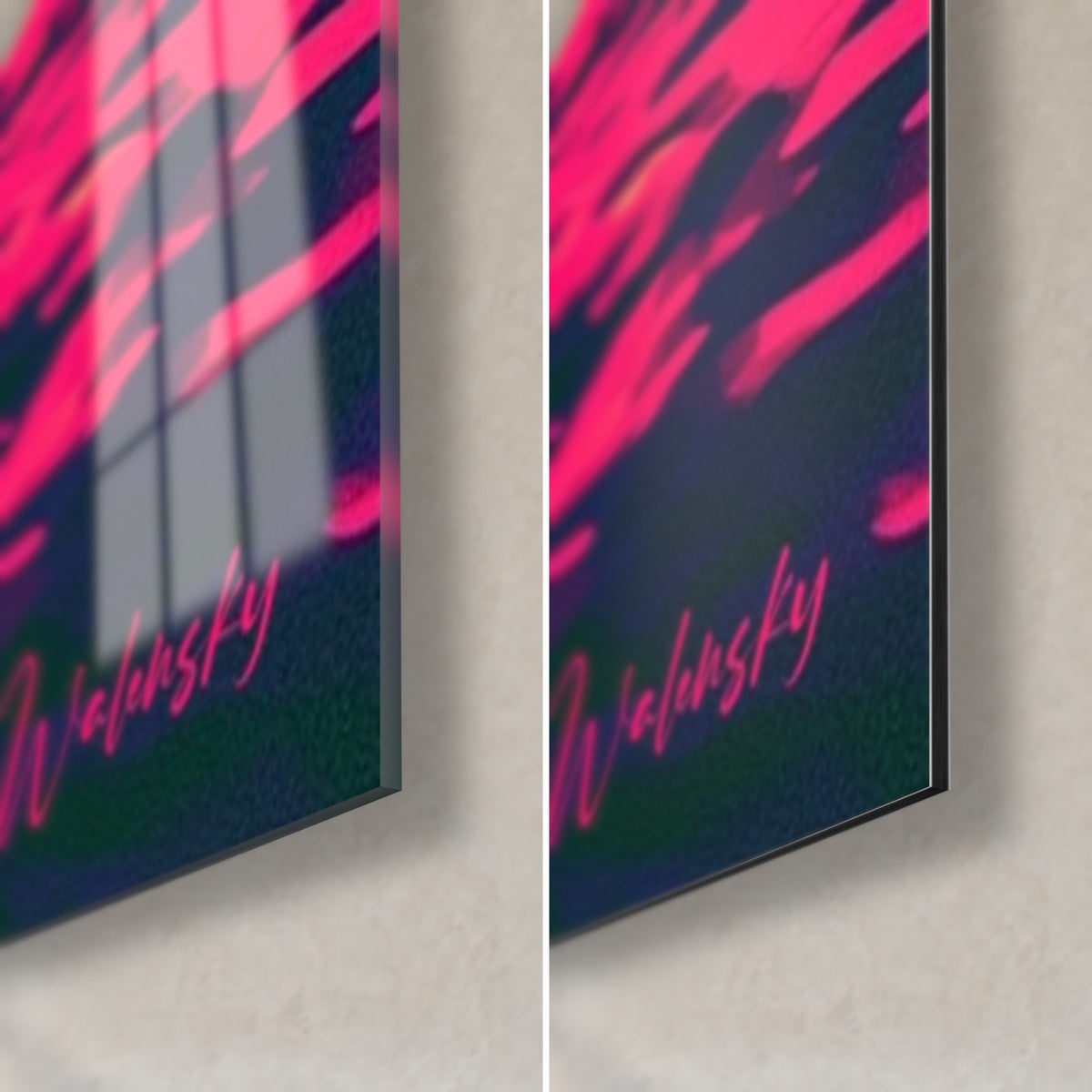Gemälde orangefarbener Mond über fuchsia- und nachtblauen Wellen, untere rechte Ecke, Walensky-Signatur, glänzende Oberfläche und mattes Dibond