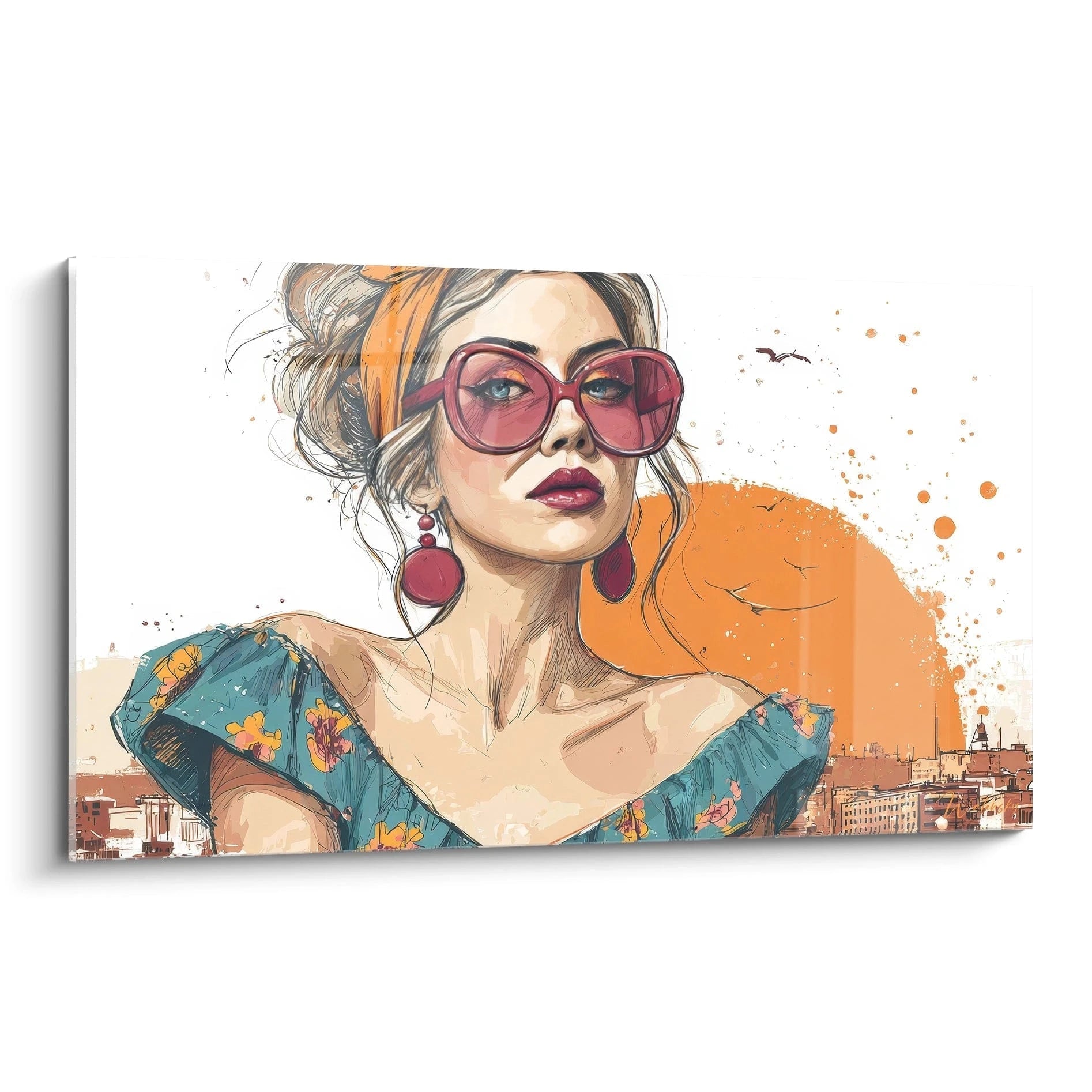 Tableau lunettes bordeaux années 70 représentant une femme à la mode avec des couleurs vives