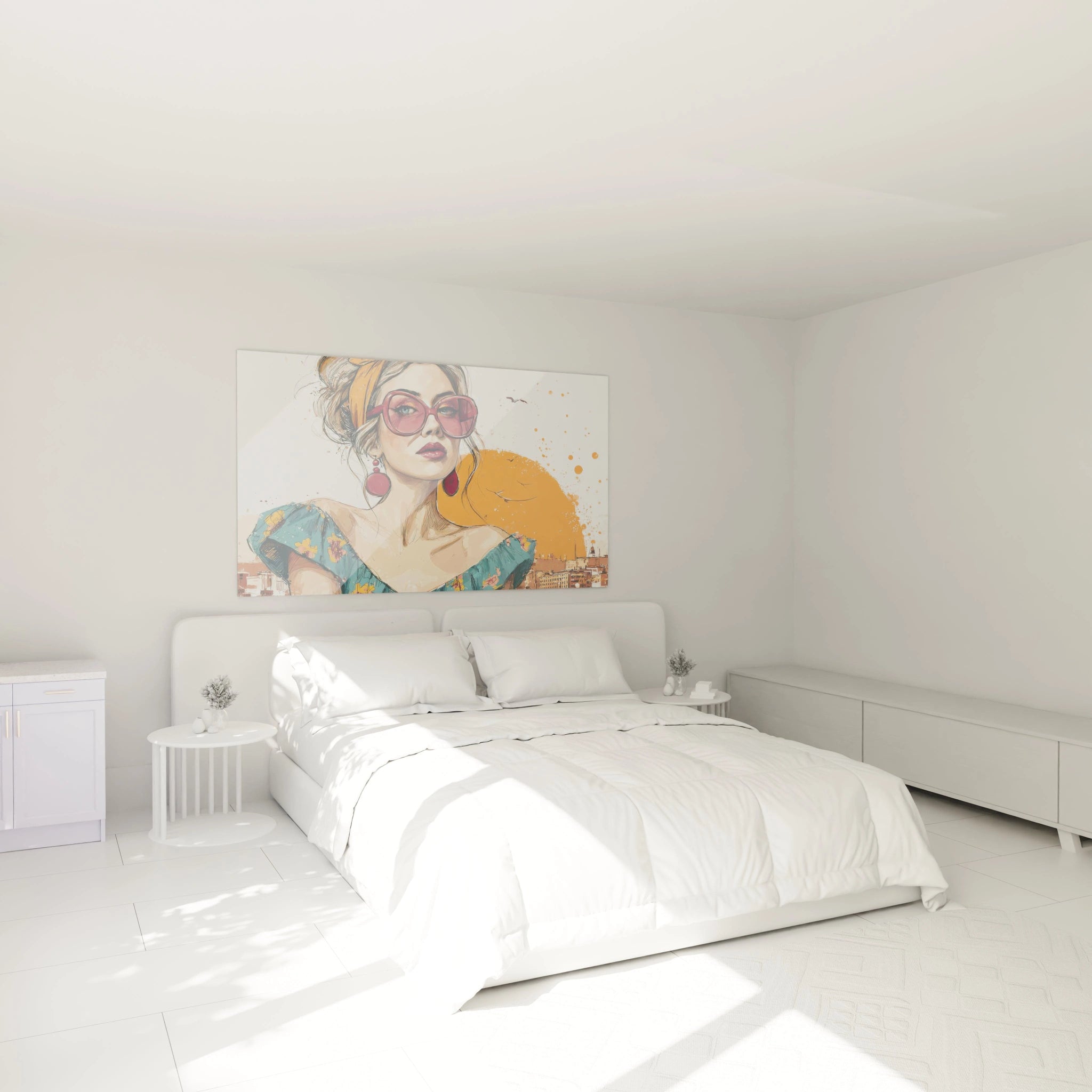 Tableau lunettes bordeaux années 70 sur un mur de chambre moderne avec une décoration minimaliste