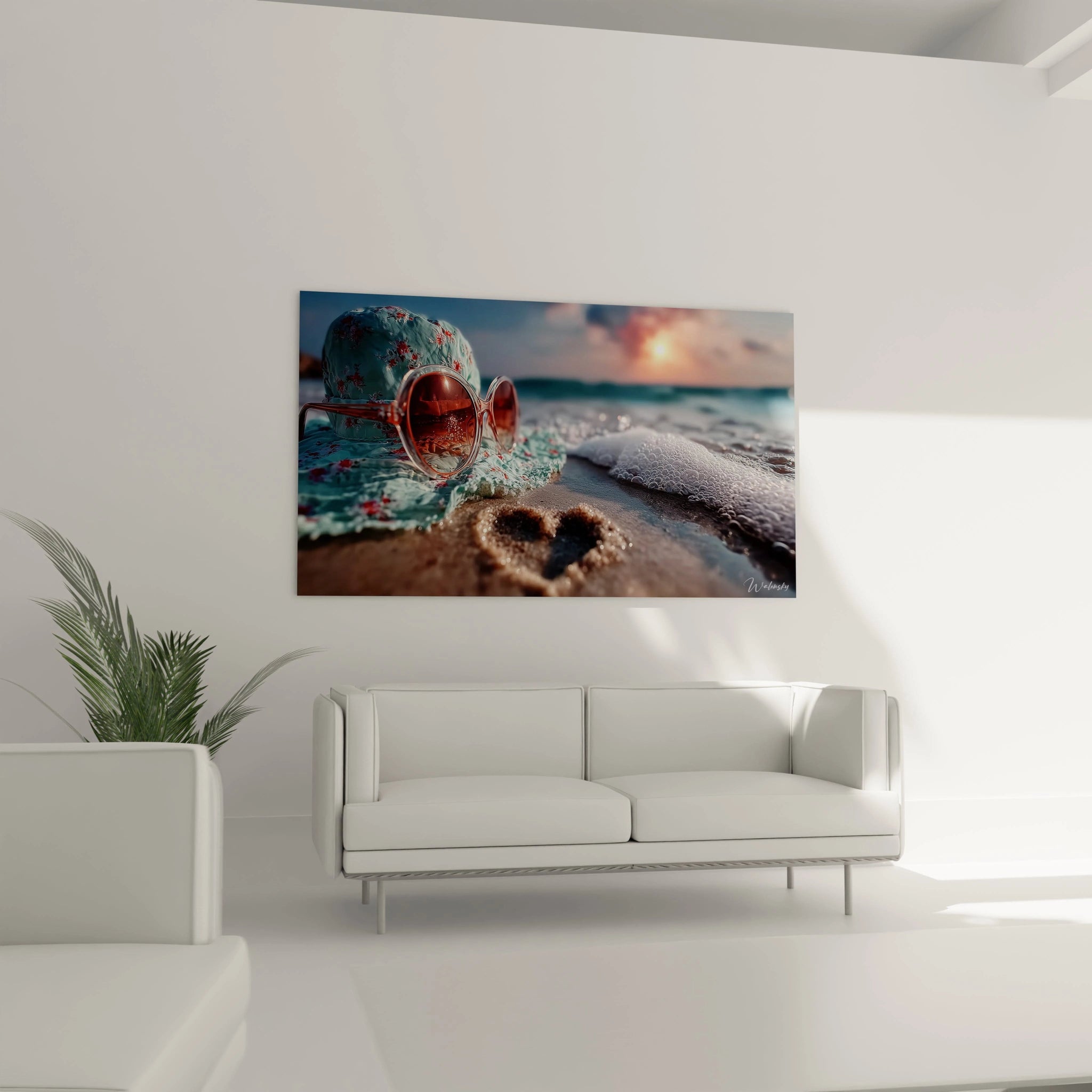 tableau mural lunettes de soleil Walensky peinture incendie silhouettes sur fond orange accroché au dessus d un canapé blanc