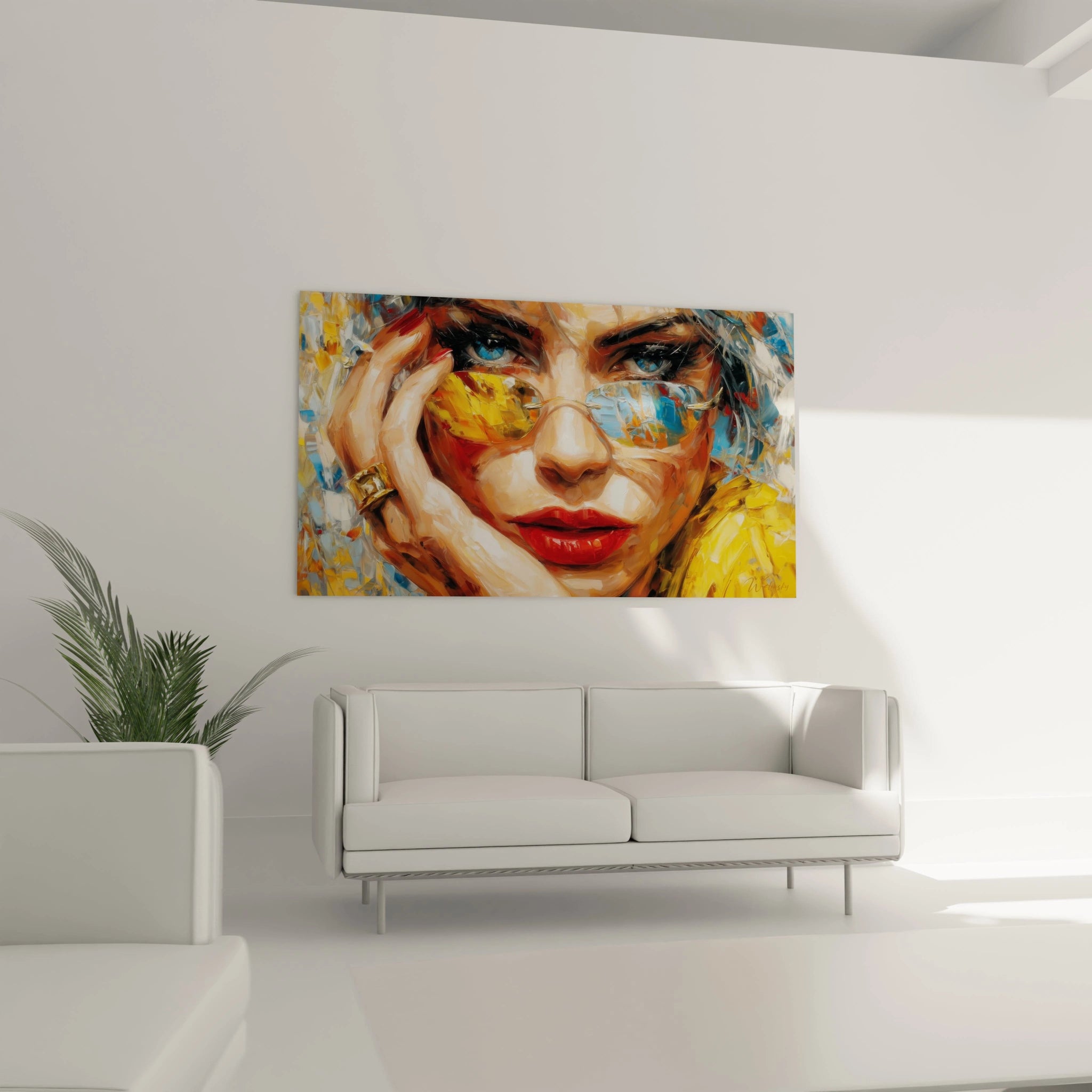 Tableau lunettes dorées avec une femme au regard captivant sur fond coloré, idéal pour décorer votre intérieur