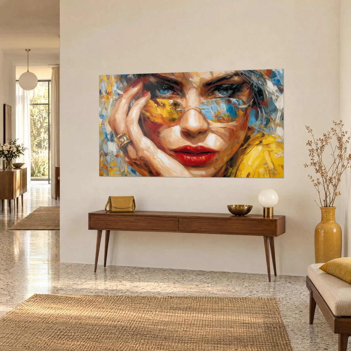Cuadro de un rostro con mirada azul tras cristales ámbar, abrigo amarillo intenso, en una pared beige junto a una consola de madera