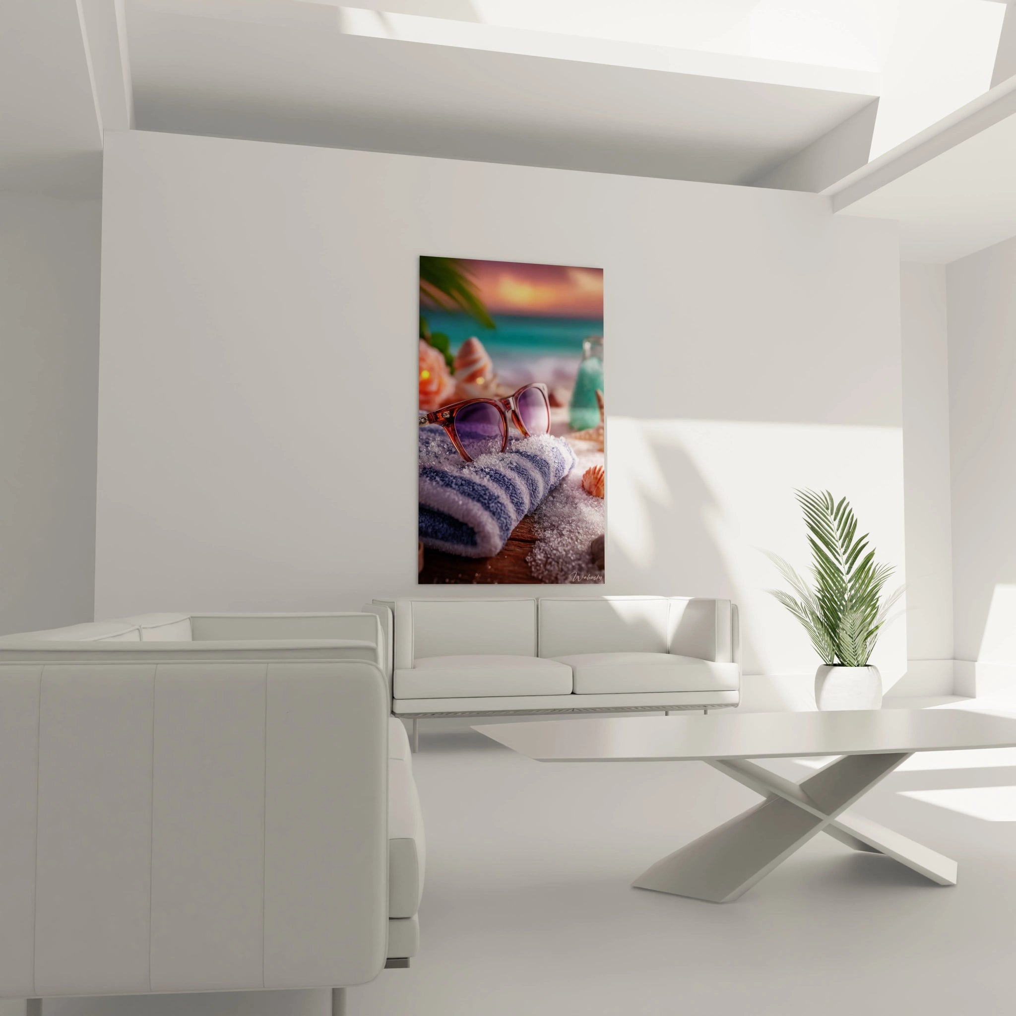 tableau mural lunettes de soleil Walensky affichant des lunettes sur serviette de plage et coquillages