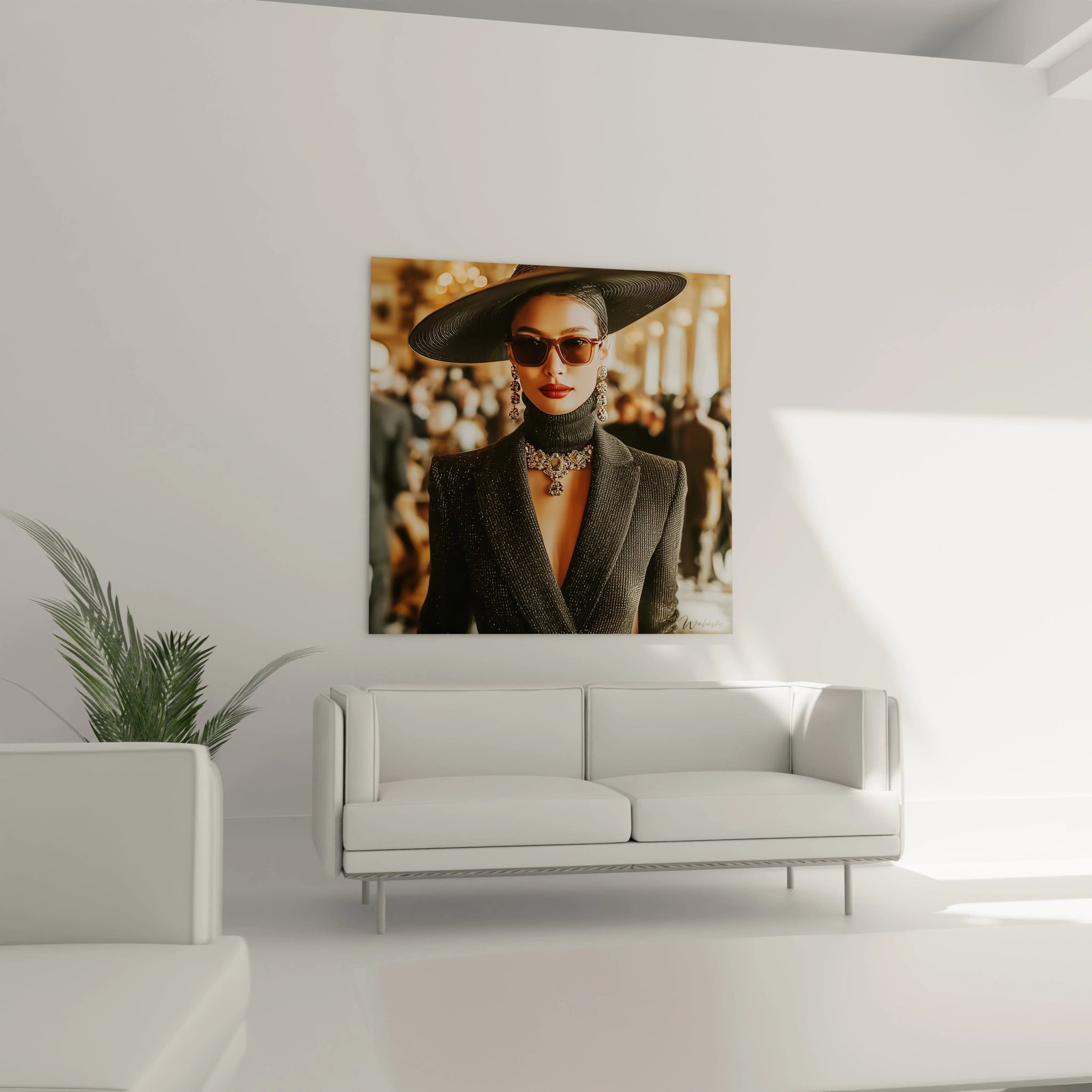 Tableau luxe féminin de Walensky affichant une femme élégante avec un chapeau et des lunettes de soleil