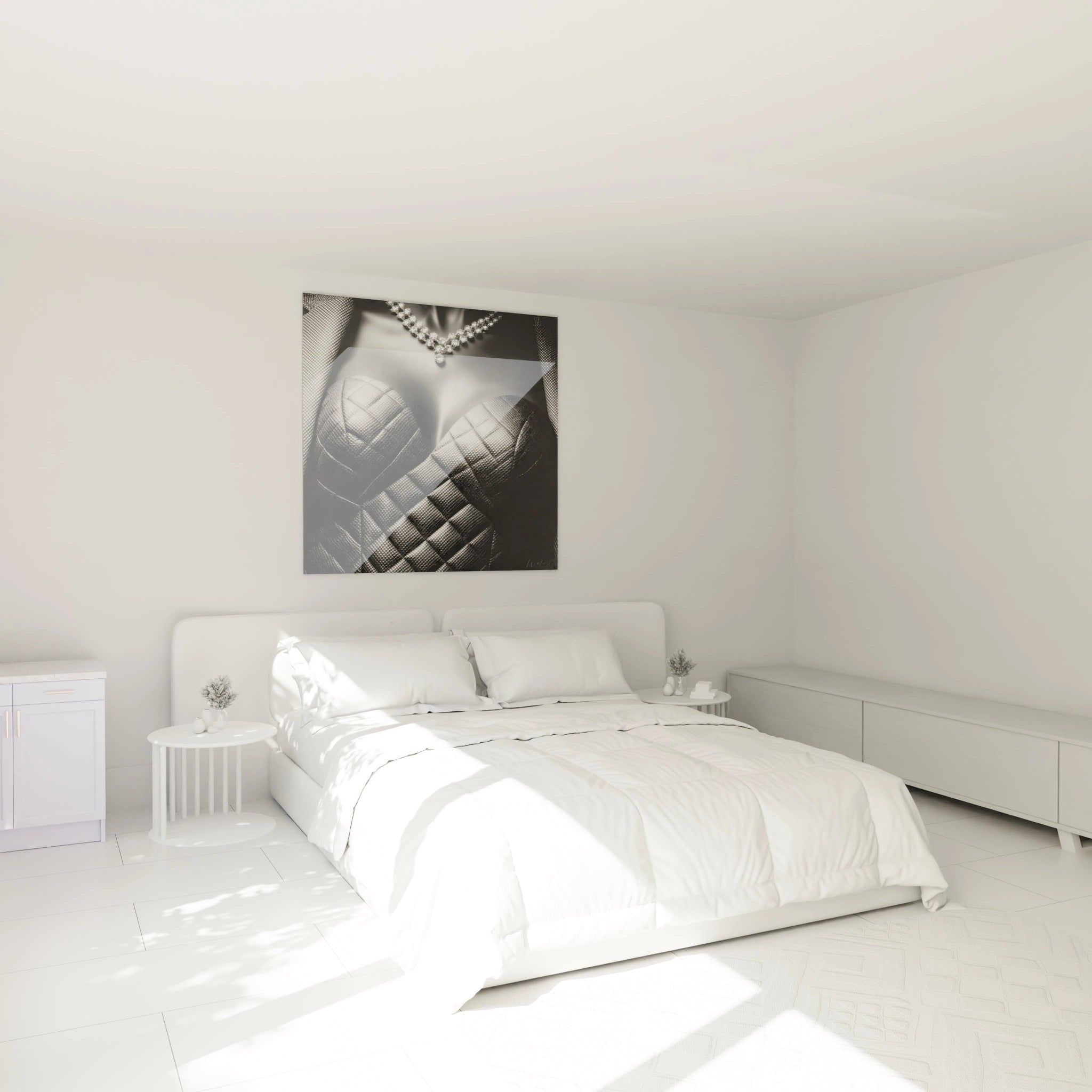 Tableau luxe noir et blanc de style moderne accroché au mur dans une chambre minimaliste