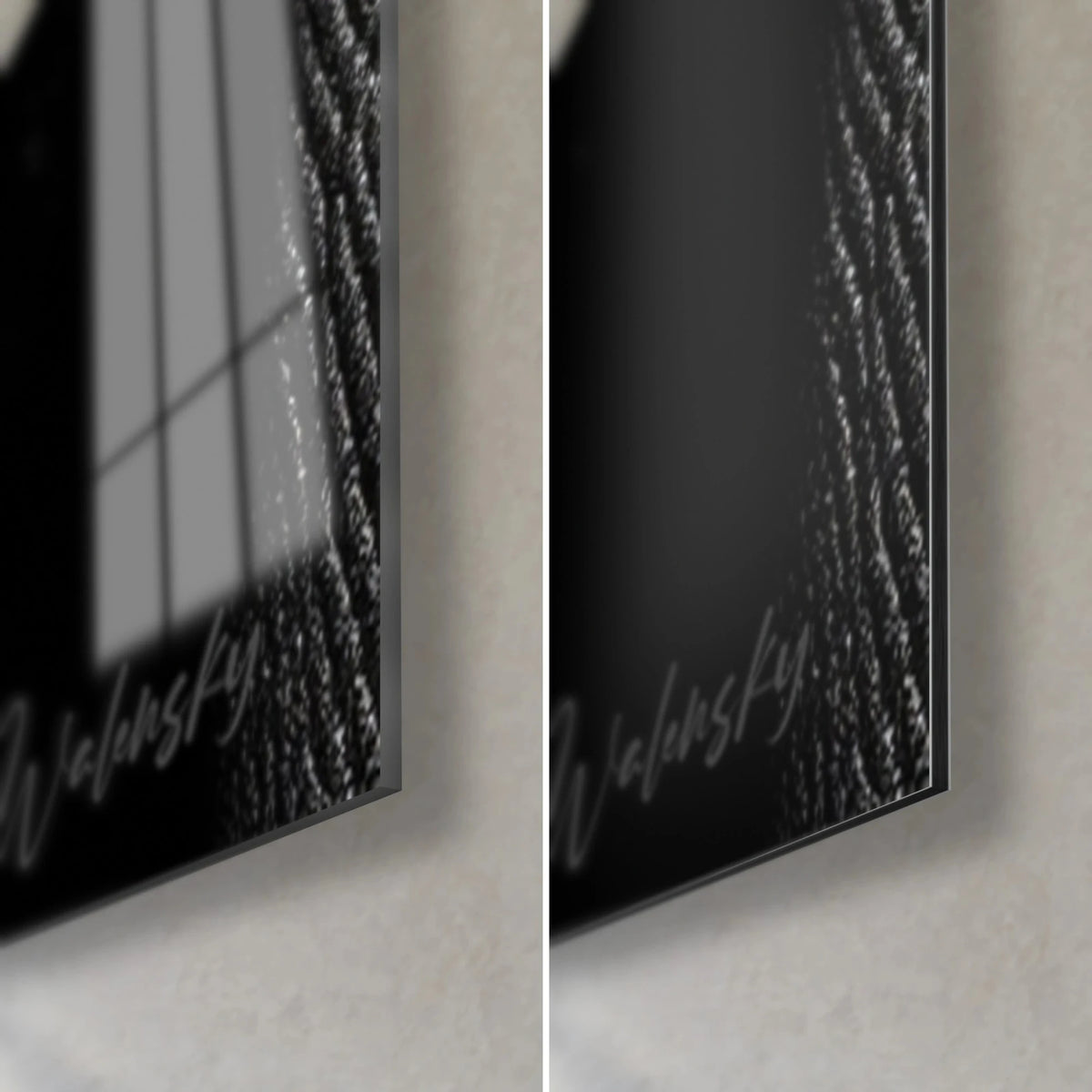 Cuadro corsé de cuero acolchado gris y negro, esquina inferior derecha: cristal acrílico brillante a la izquierda, aluminio Dibond mate a la derecha, canto de 3 mm