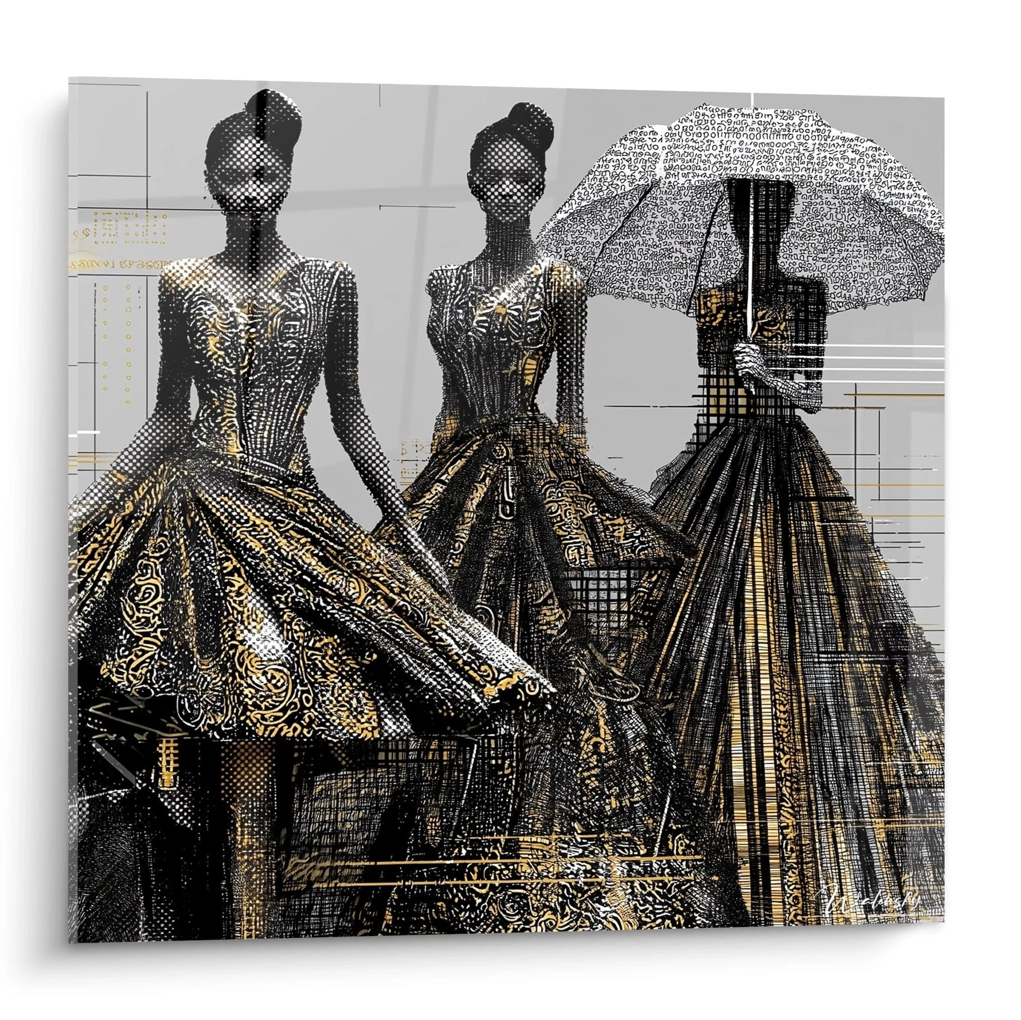 Tableau mural haute couture luxe représentant des robes élégantes avec des motifs modernes en noir et or