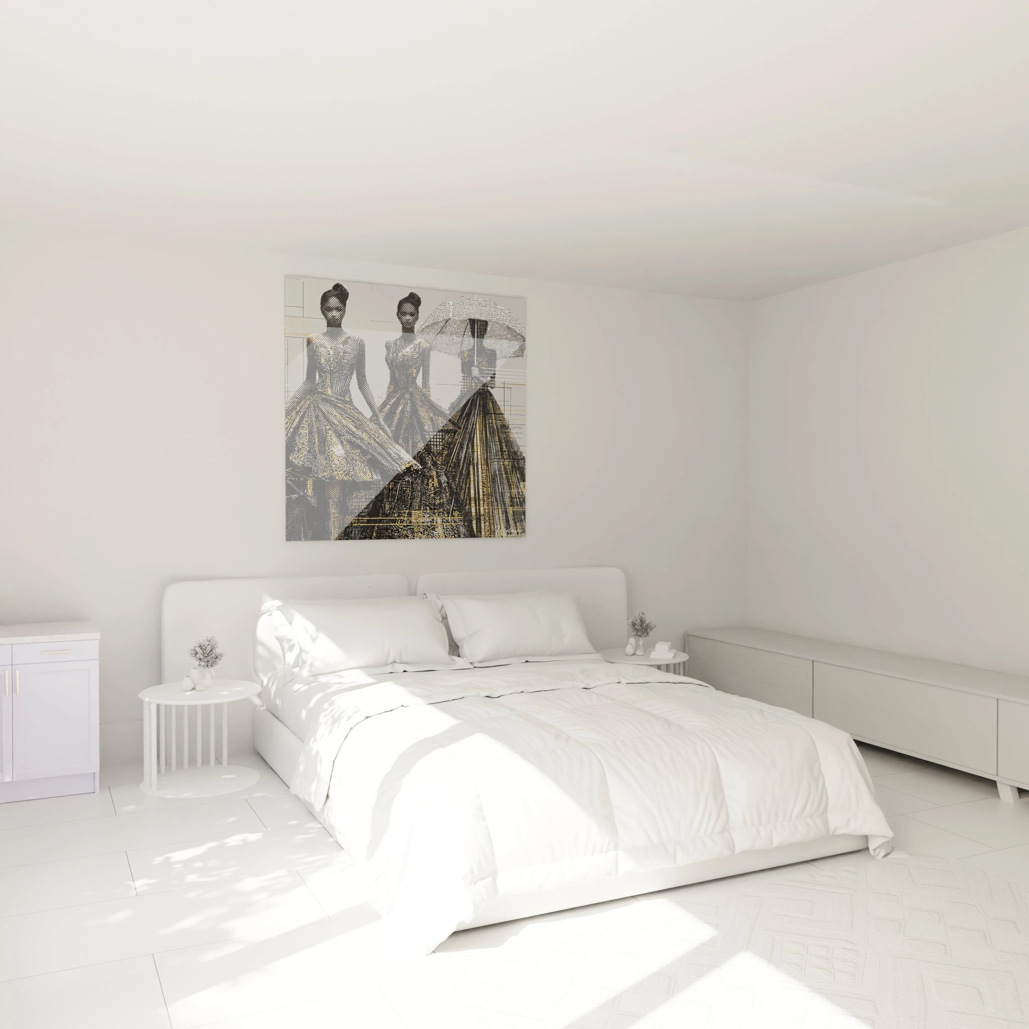 Tableau mural haute couture luxe avec des silhouettes élégantes sur fond blanc, parfait pour une chambre moderne
