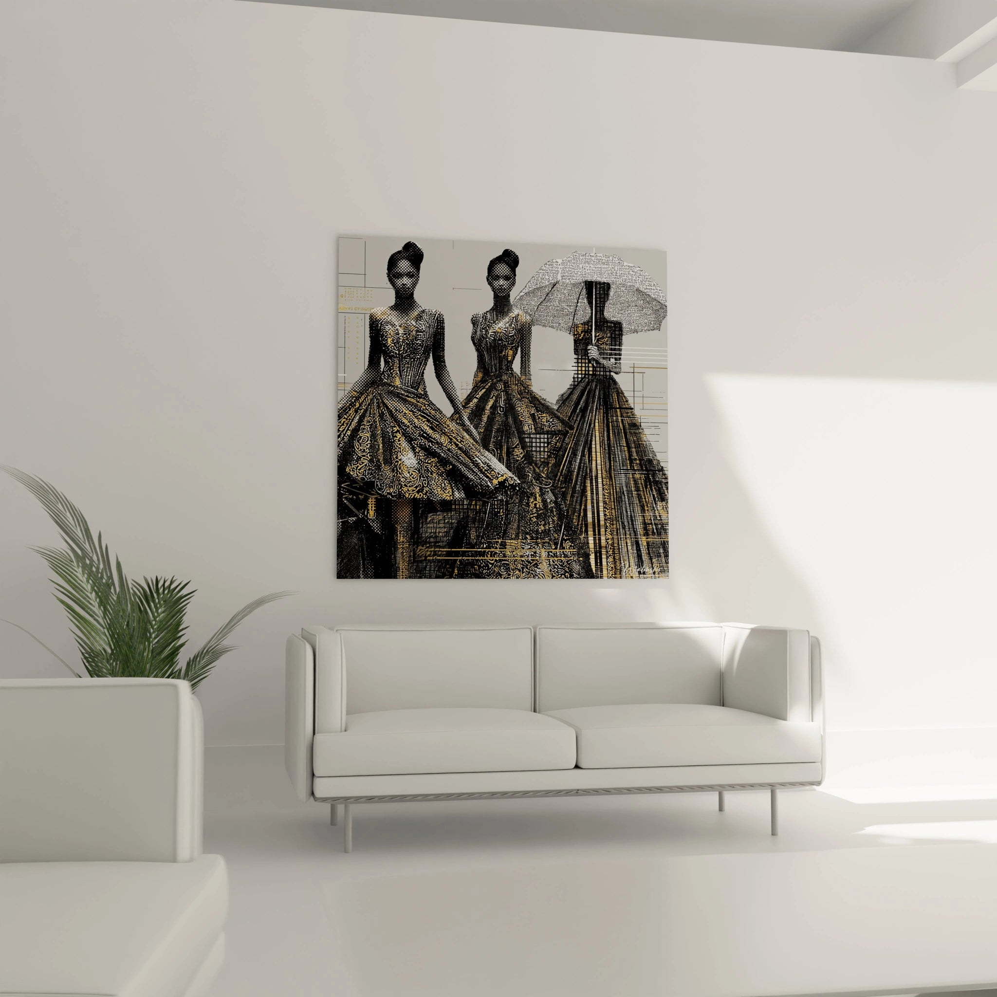 Tableau haute couture luxe de Walensky représentant des mannequins en robes élégantes sur un mur moderne
