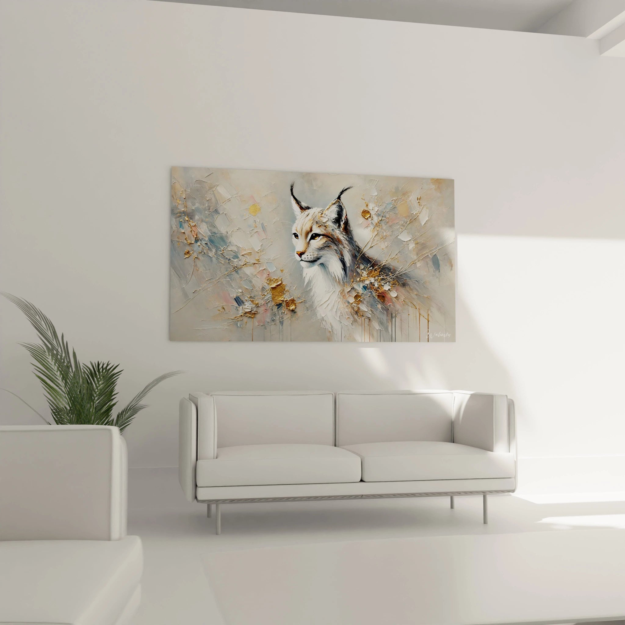 Accroché au-dessus du canapé, ce tableau lynx devient le point focal de votre salon. Sa représentation réaliste et ses textures subtiles enrichissent votre décoration intérieure.