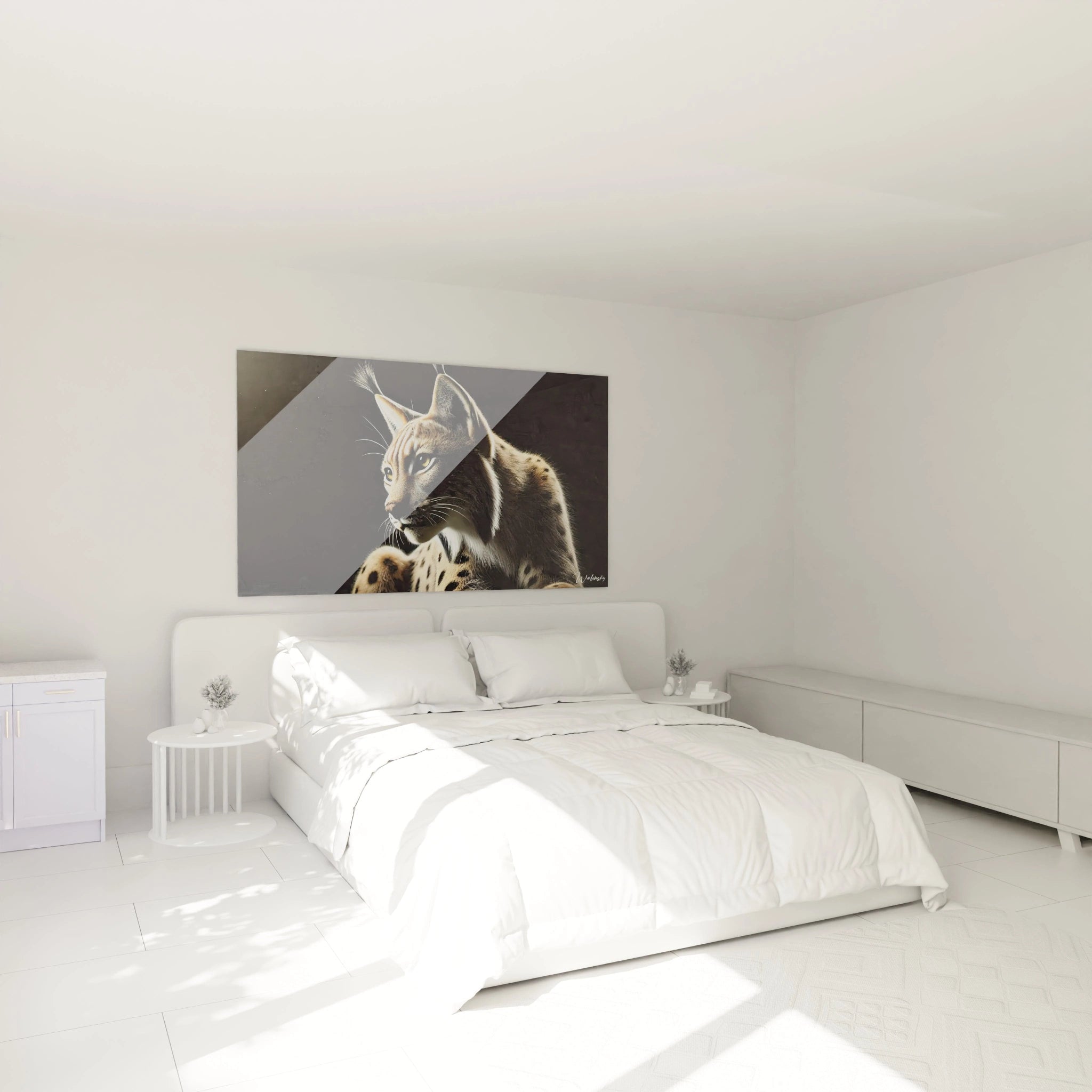 Découvrez ce tableau lynx accroché au-dessus du lit, apportant une touche sauvage et artistique à votre chambre. Un choix parfait pour un décor moderne et inspirant.