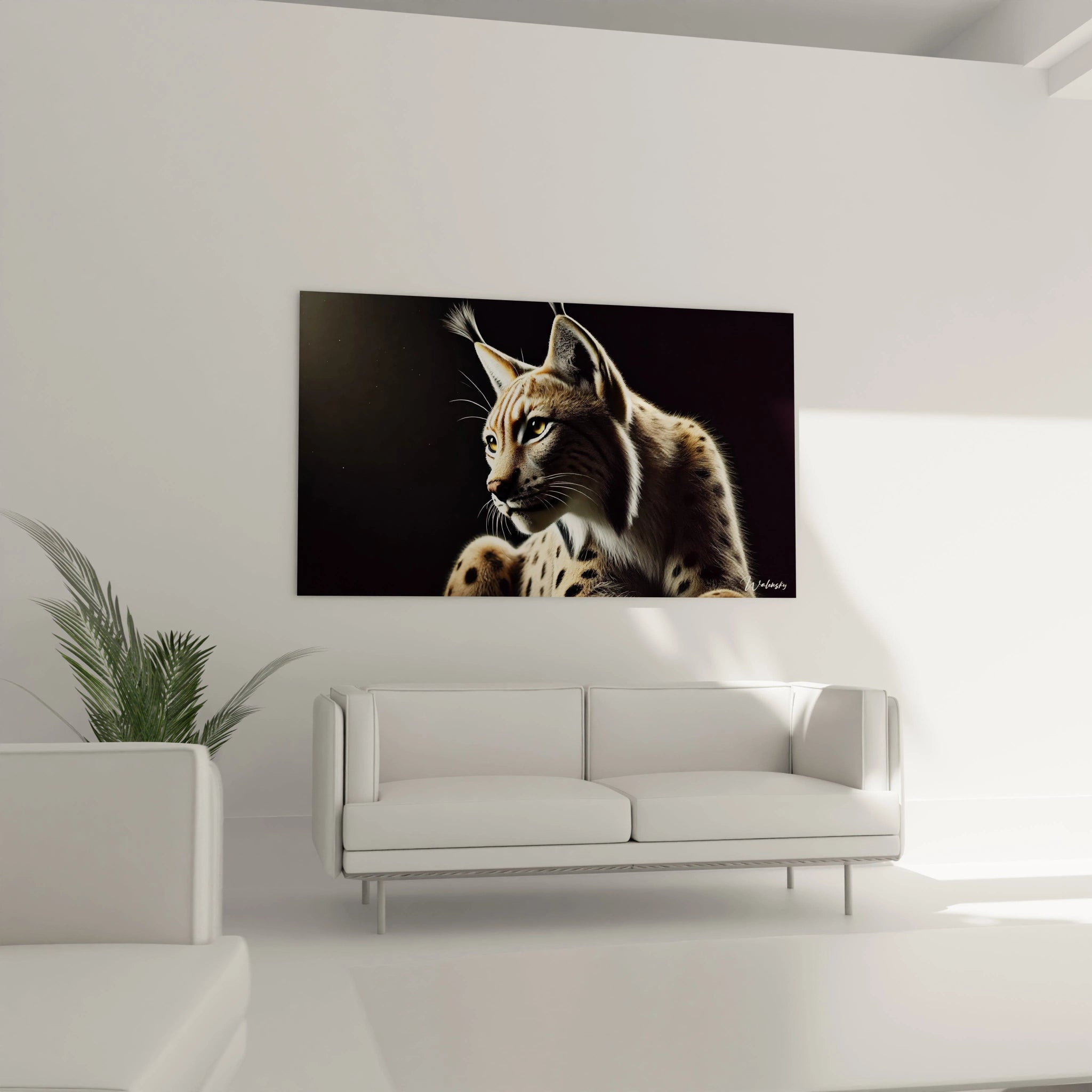 Admirez ce tableau lynx au-dessus d'un canapé dans le salon. Son fond sombre et sa finesse créent un point focal captivant, idéal pour rehausser votre espace de vie.