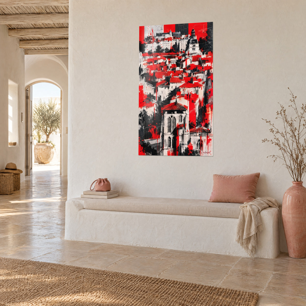 Wall art scarlet tiled roofs and off-white facades with black drips, three-quarter view, on a lime-washed living room wall